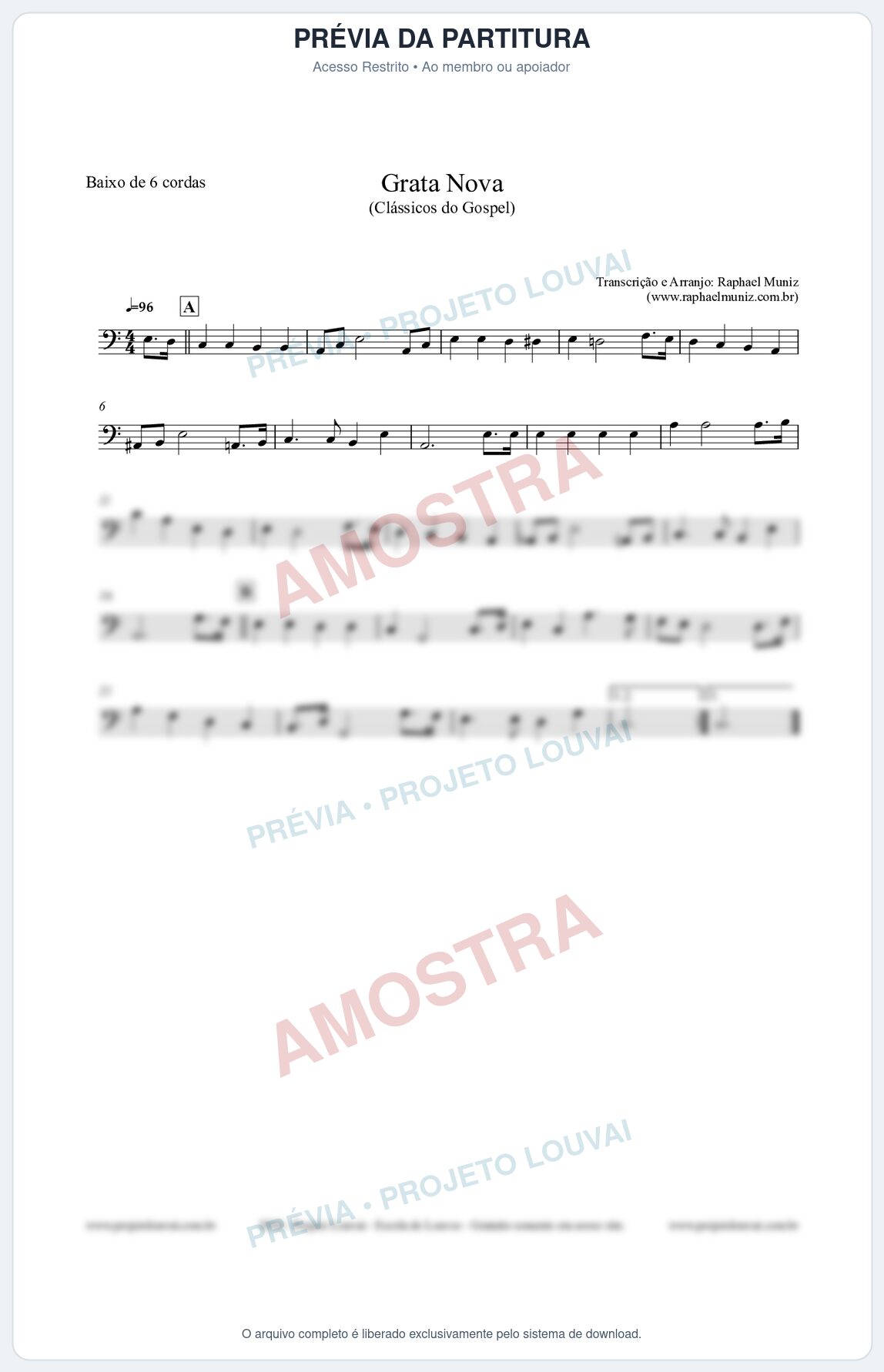 Prévia protegida da primeira página da partitura Partitura para Baixo de 6 cordas - Grata Nova - Harpa Cristã 18 (Tom Am) - Clássicos do Gospel