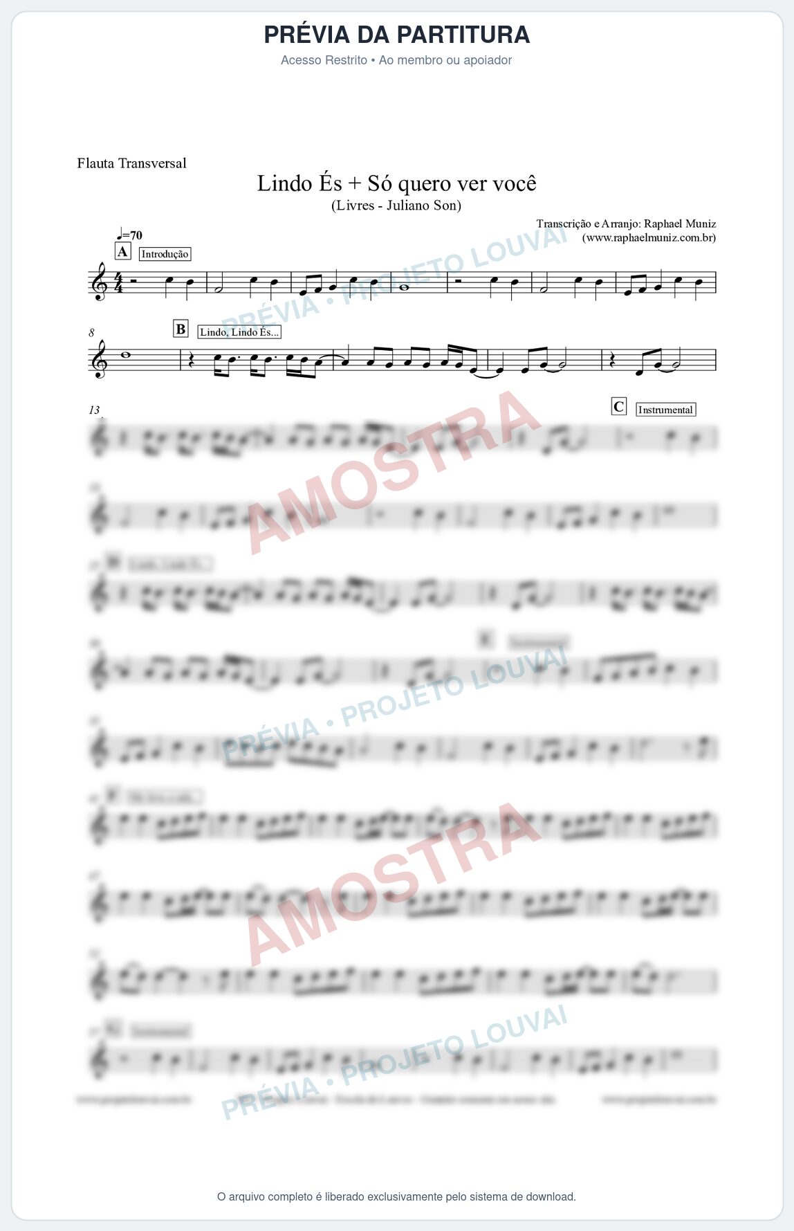Prévia protegida da primeira página da partitura Partitura para Flauta Transversal - Lindo És + Só quero ver você - Livres - Juliano Son
