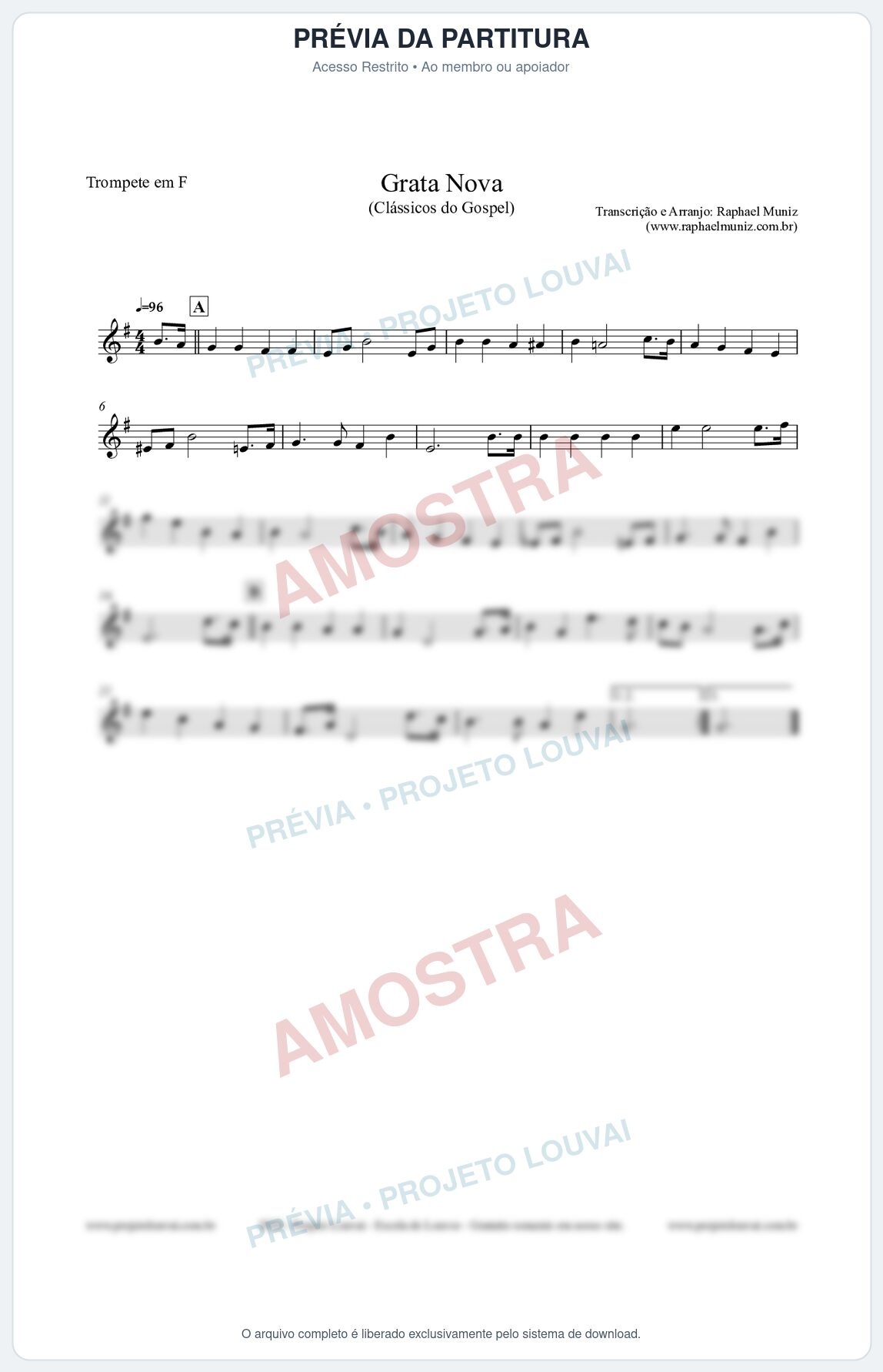 Prévia protegida da primeira página da partitura Partitura para Trompete em F - Grata Nova - Harpa Cristã 18 (Tom Am) - Clássicos do Gospel