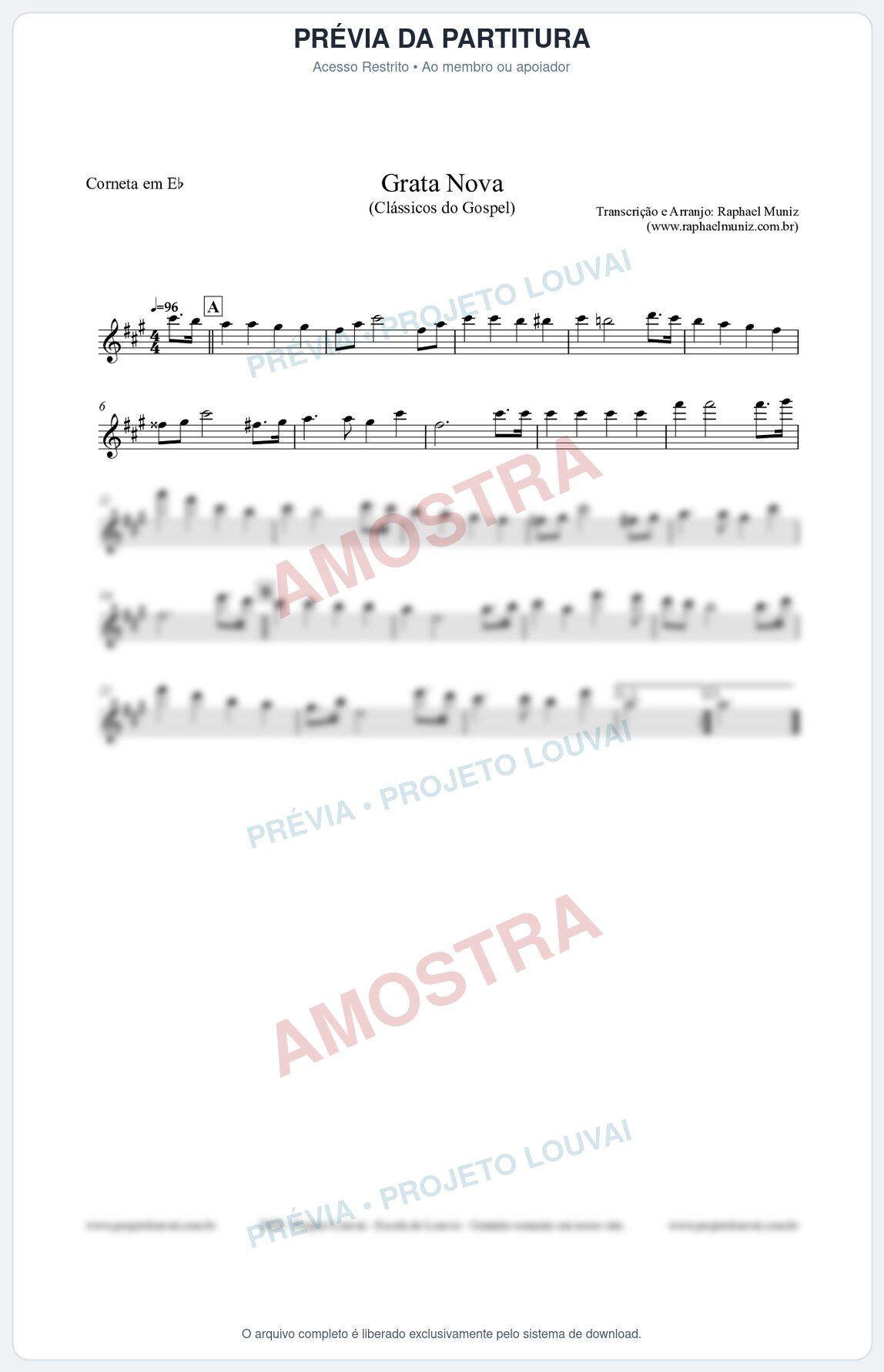 Prévia protegida da primeira página da partitura Partitura para Corneta em Eb - Grata Nova - Harpa Cristã 18 (Tom Am) - Clássicos do Gospel