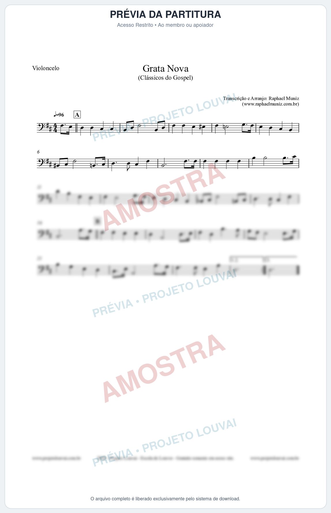 Prévia protegida da primeira página da partitura Partitura para Violoncelo - Grata Nova - Harpa Cristã 18 (Tom Bm) - Clássicos do Gospel