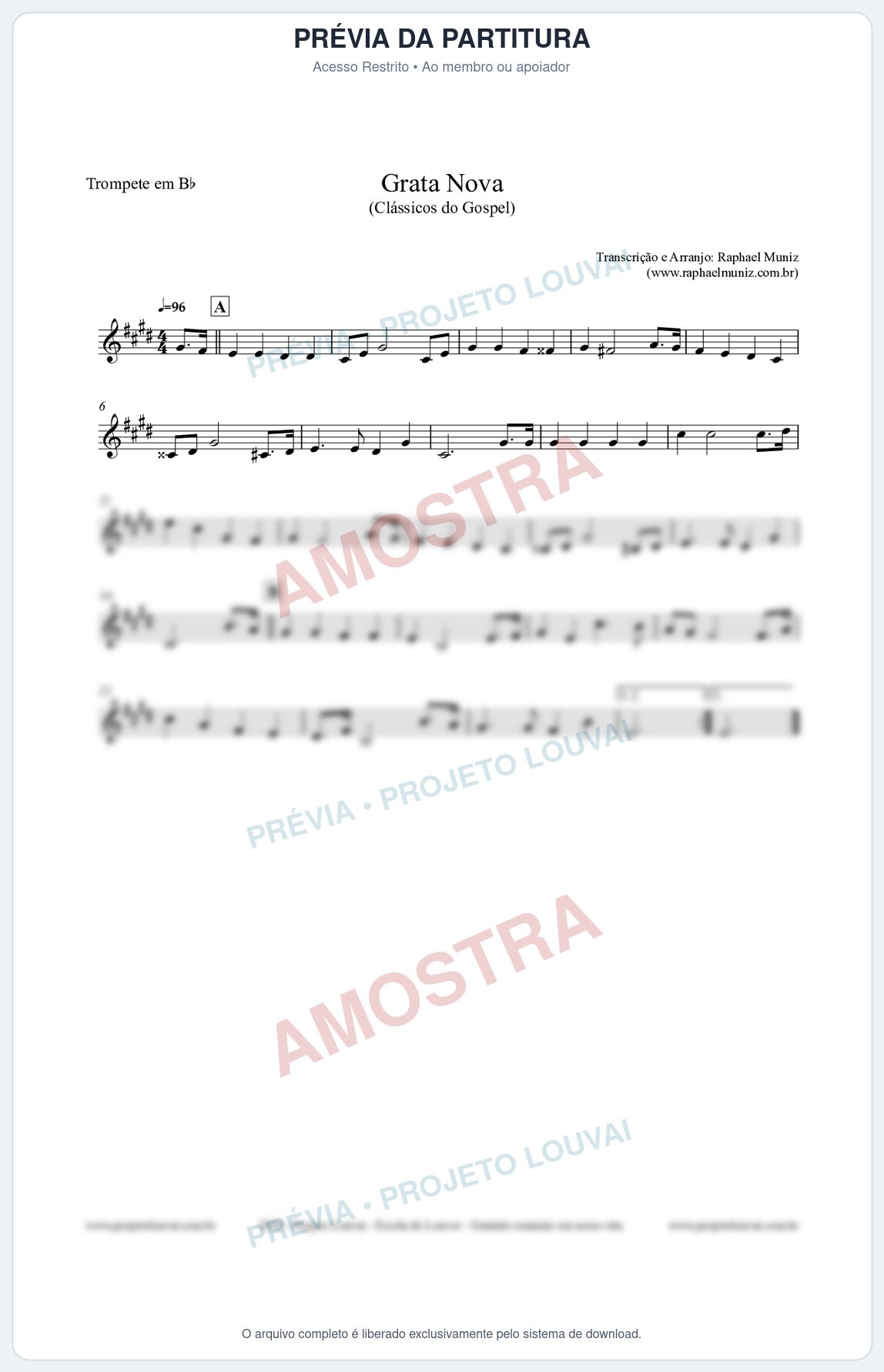 Prévia protegida da primeira página da partitura Partitura para Trompete em Bb - Grata Nova - Harpa Cristã 18 (Tom Bm) - Clássicos do Gospel