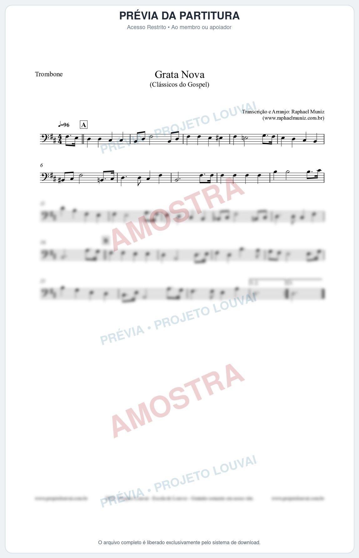 Prévia protegida da primeira página da partitura Partitura para Trombone - Grata Nova - Harpa Cristã 18 (Tom Bm) - Clássicos do Gospel