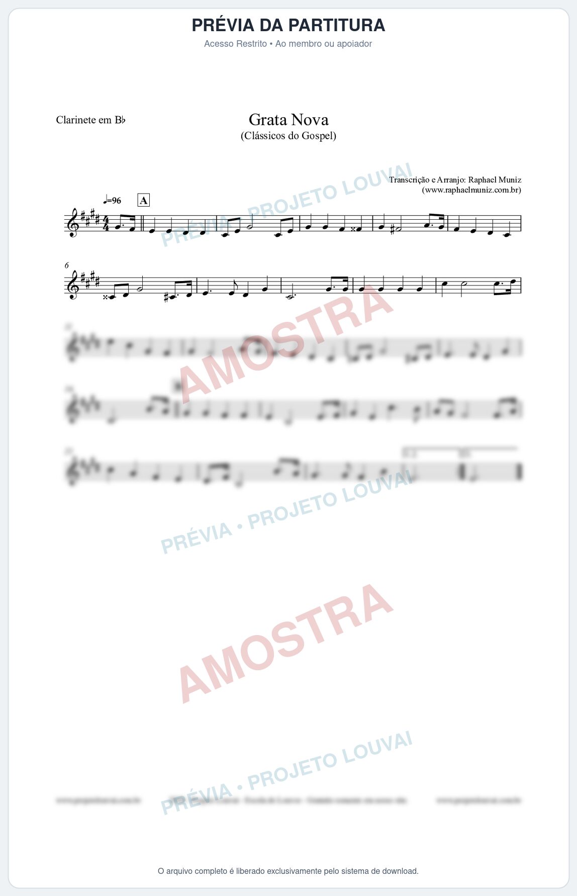Prévia protegida da primeira página da partitura Partitura para Clarinete em Bb - Grata Nova - Harpa Cristã 18 (Tom Bm) - Clássicos do Gospel