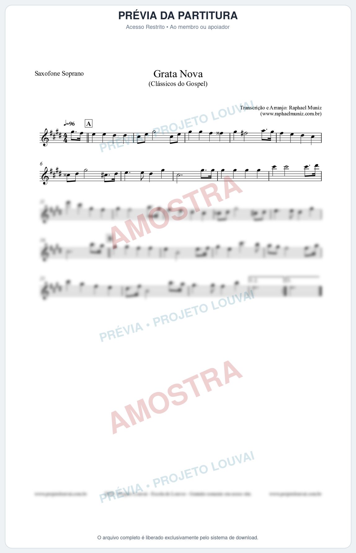 Prévia protegida da primeira página da partitura Partitura para Saxofone Soprano - Grata Nova - Harpa Cristã 18 (Tom Bm) - Clássicos do Gospel