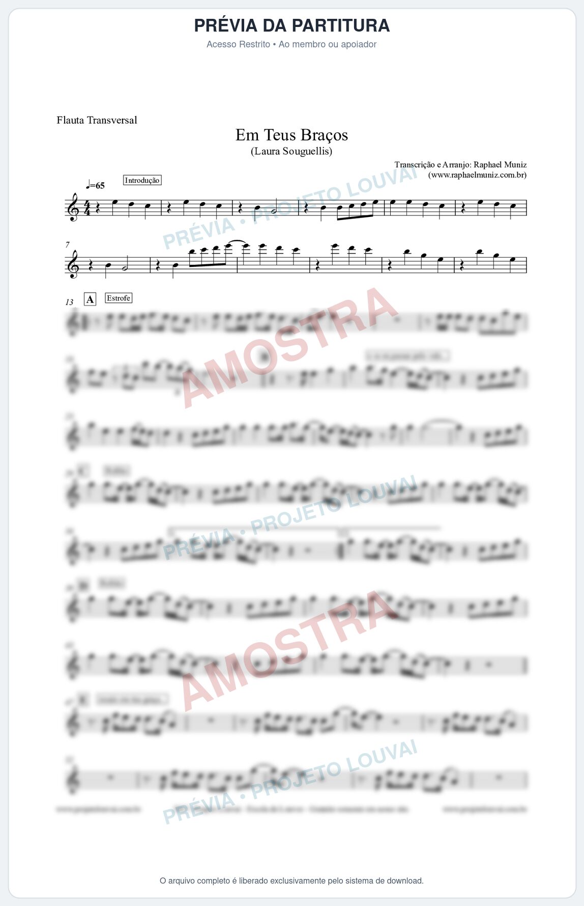 Prévia protegida da primeira página da partitura Partitura para Flauta Transversal - Em Teus Braços - Laura Souguellis