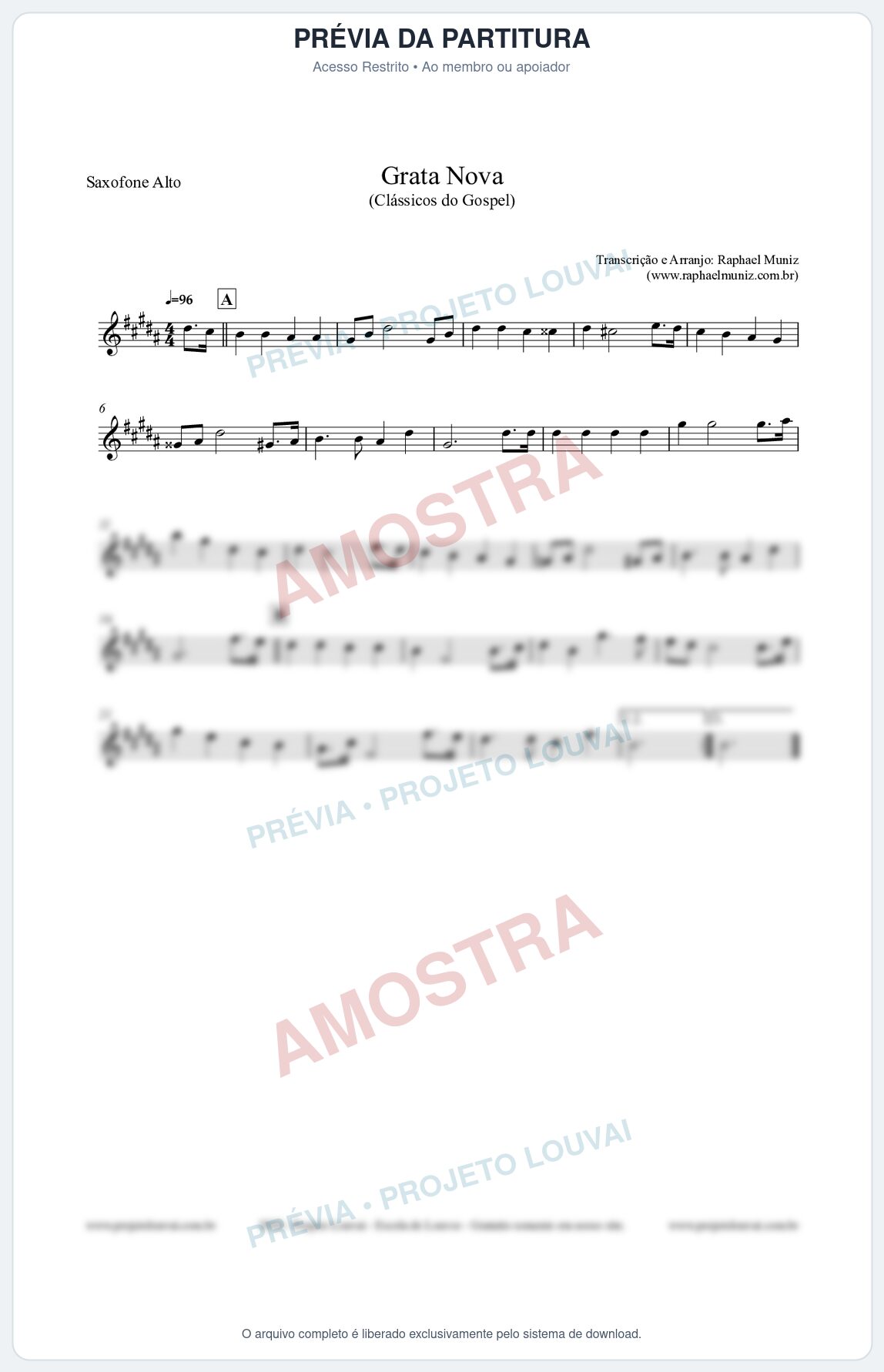 Prévia protegida da primeira página da partitura Partitura para Saxofone Alto - Grata Nova - Harpa Cristã 18 (Tom Bm) - Clássicos do Gospel