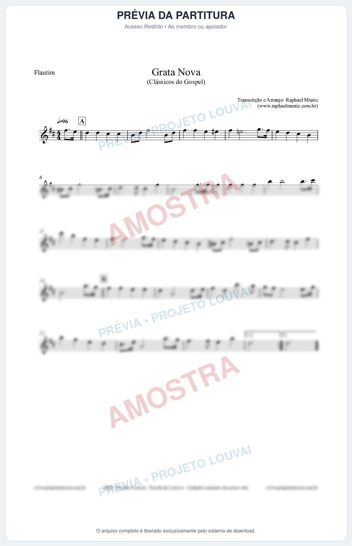 Prévia protegida da primeira página da partitura Partitura para Flautim - Grata Nova - Harpa Cristã 18 (Tom Bm) - Clássicos do Gospel