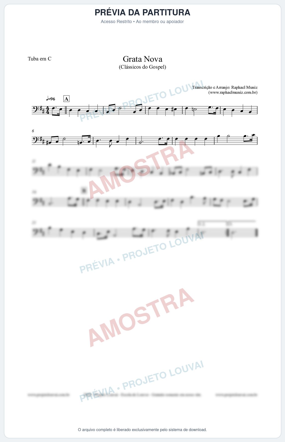Prévia protegida da primeira página da partitura Partitura para Tuba em C - Grata Nova - Harpa Cristã 18 (Tom Bm) - Clássicos do Gospel