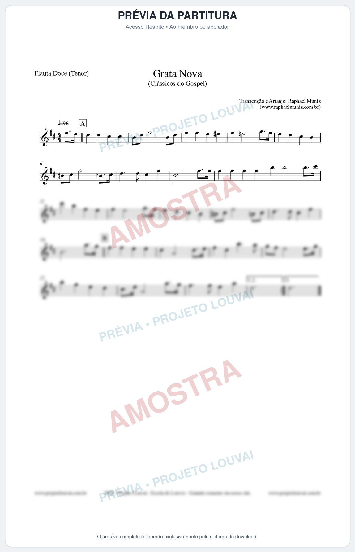 Prévia protegida da primeira página da partitura Partitura para Flauta Doce (Tenor) - Grata Nova - Harpa Cristã 18 (Tom Bm) - Clássicos do Gospel