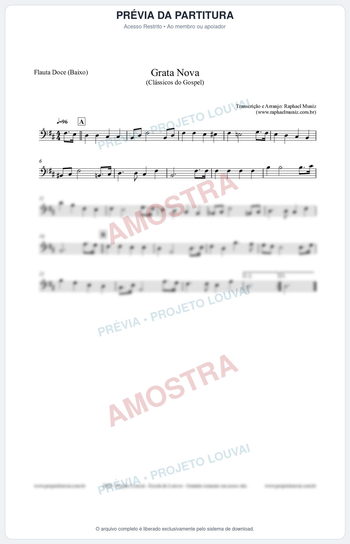 Prévia protegida da primeira página da partitura Partitura para Flauta Doce (Baixo) - Grata Nova - Harpa Cristã 18 (Tom Bm) - Clássicos do Gospel