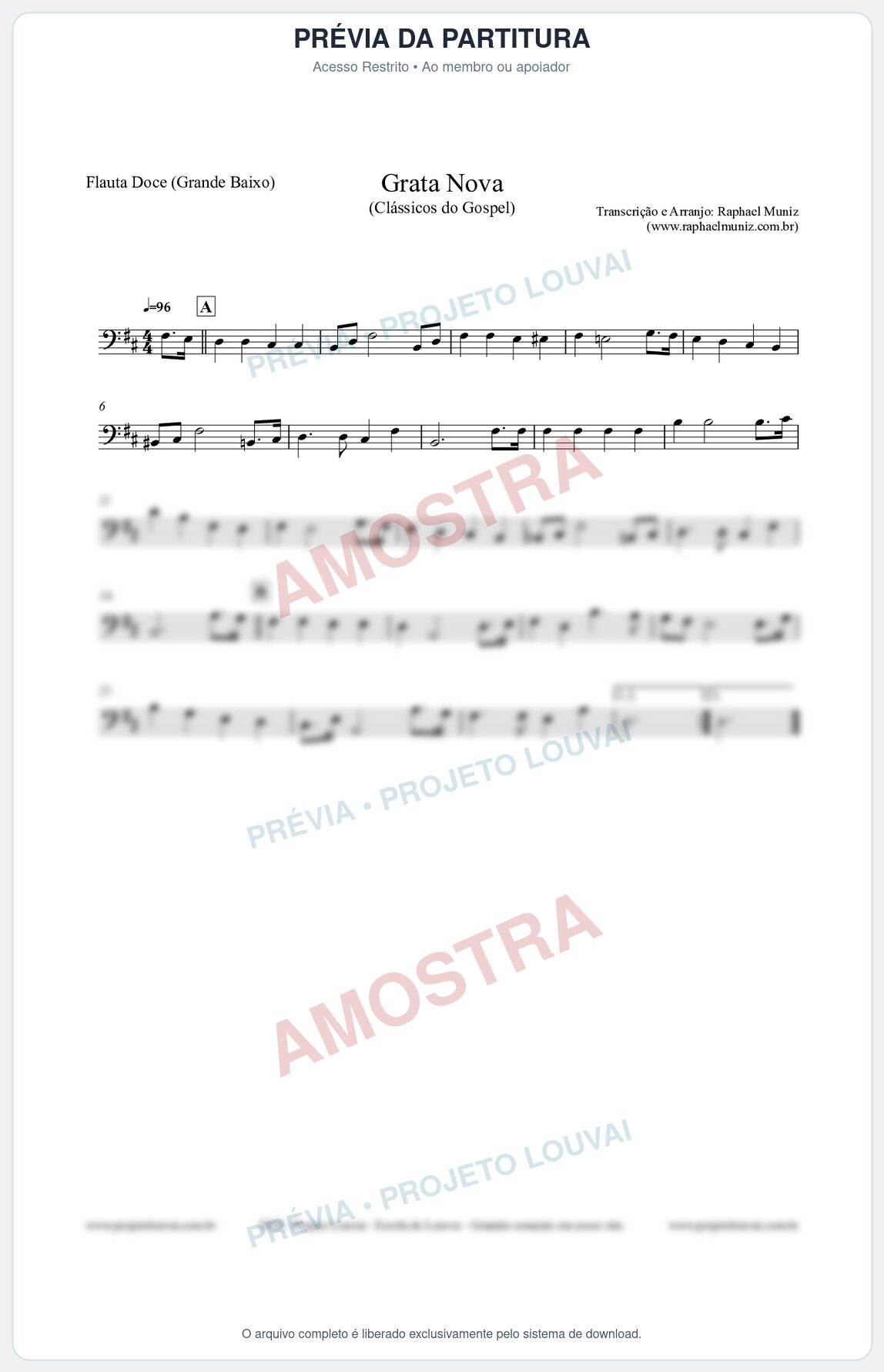 Prévia protegida da primeira página da partitura Partitura para Flauta Doce (Grande Baixo) - Grata Nova - Harpa Cristã 18 (Tom Bm) - Clássicos do Gospel