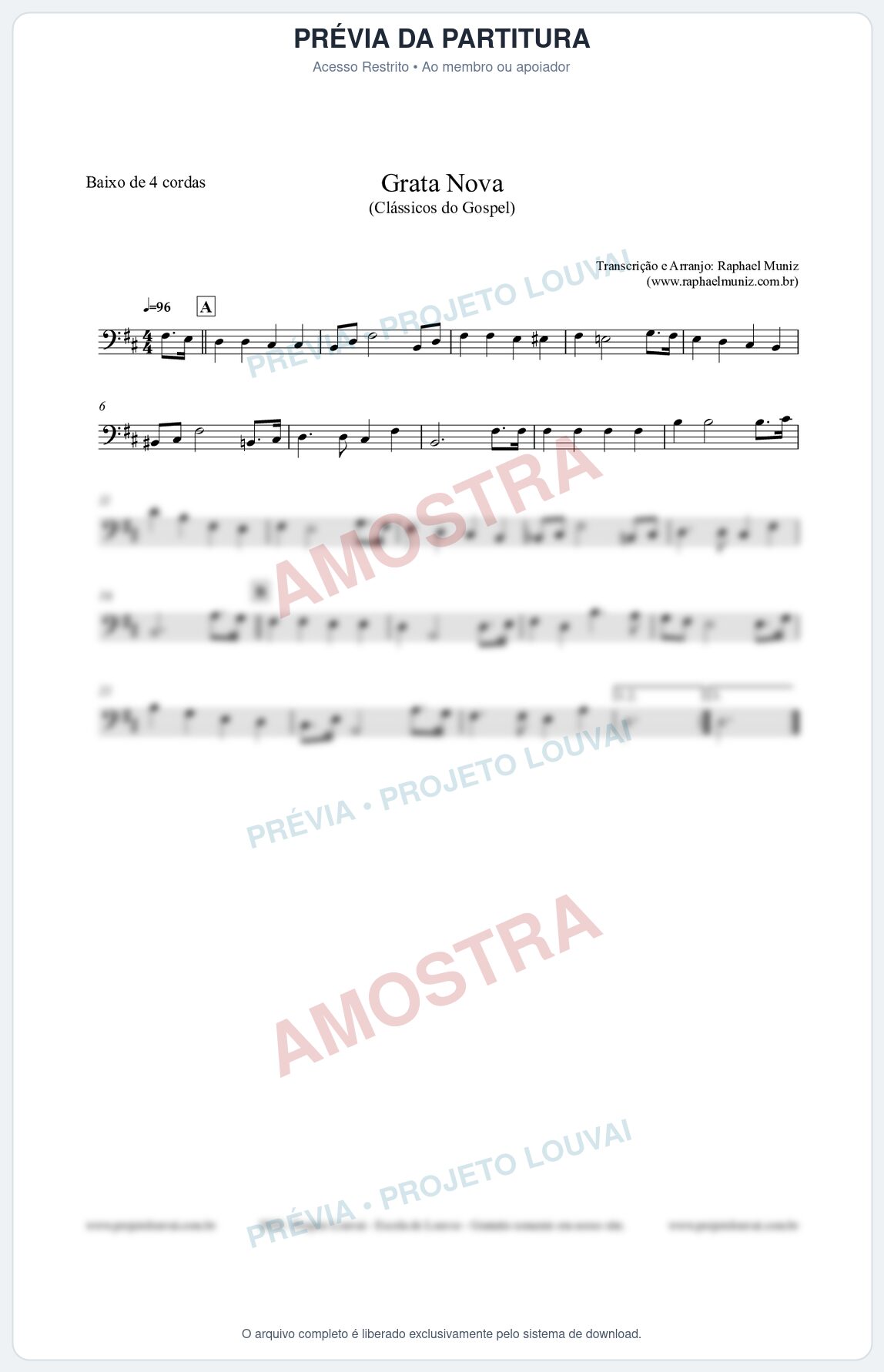Prévia protegida da primeira página da partitura Partitura para Baixo de 4 cordas - Grata Nova - Harpa Cristã 18 (Tom Bm) - Clássicos do Gospel