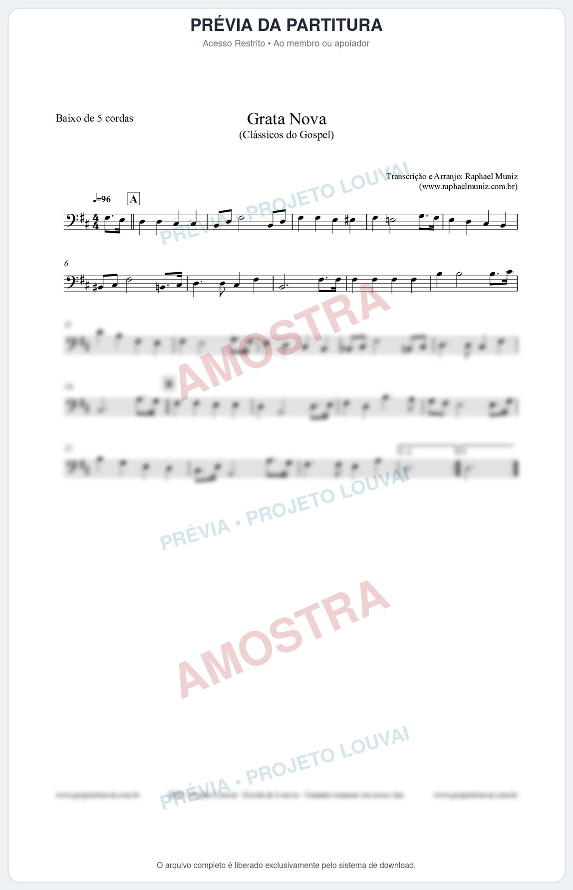 Prévia protegida da primeira página da partitura Partitura para Baixo de 5 cordas - Grata Nova - Harpa Cristã 18 (Tom Bm) - Clássicos do Gospel