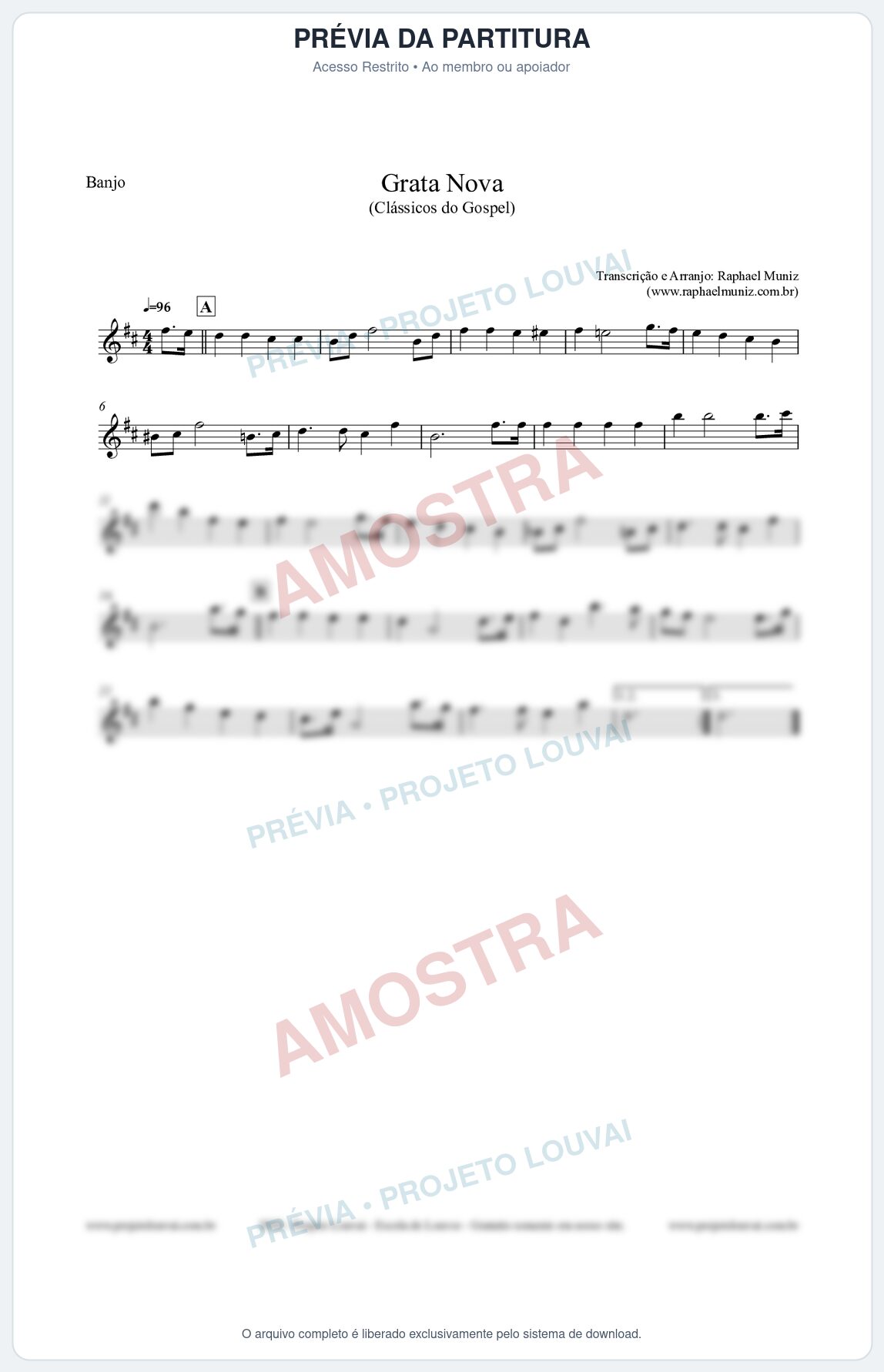 Prévia protegida da primeira página da partitura Partitura para Banjo - Grata Nova - Harpa Cristã 18 (Tom Bm) - Clássicos do Gospel
