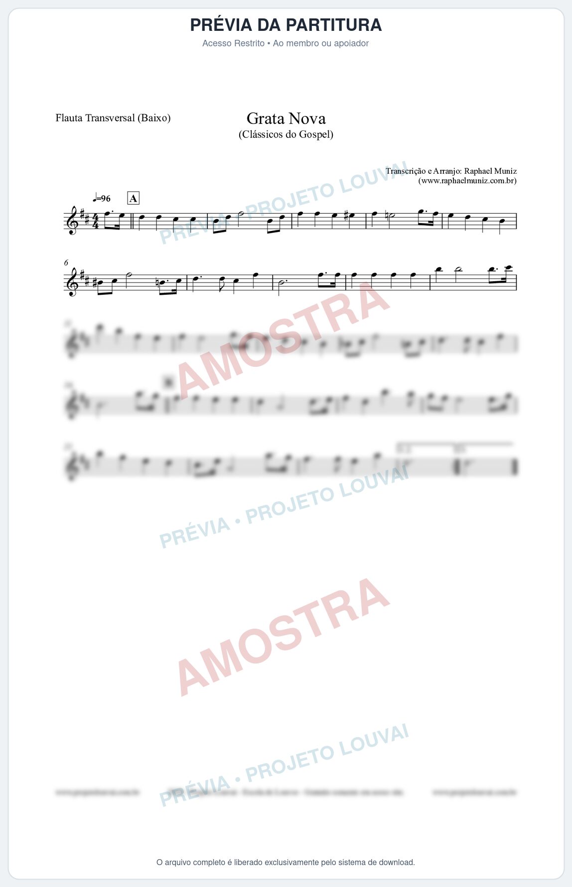 Prévia protegida da primeira página da partitura Partitura para Flauta Transversal (Baixo) - Grata Nova - Harpa Cristã 18 (Tom Bm) - Clássicos do Gospel