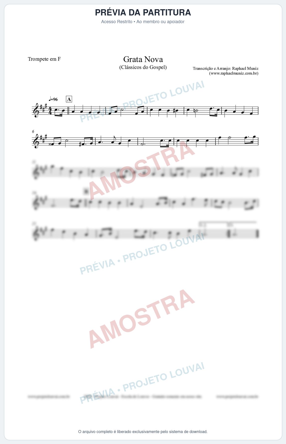 Prévia protegida da primeira página da partitura Partitura para Trompete em F - Grata Nova - Harpa Cristã 18 (Tom Bm) - Clássicos do Gospel