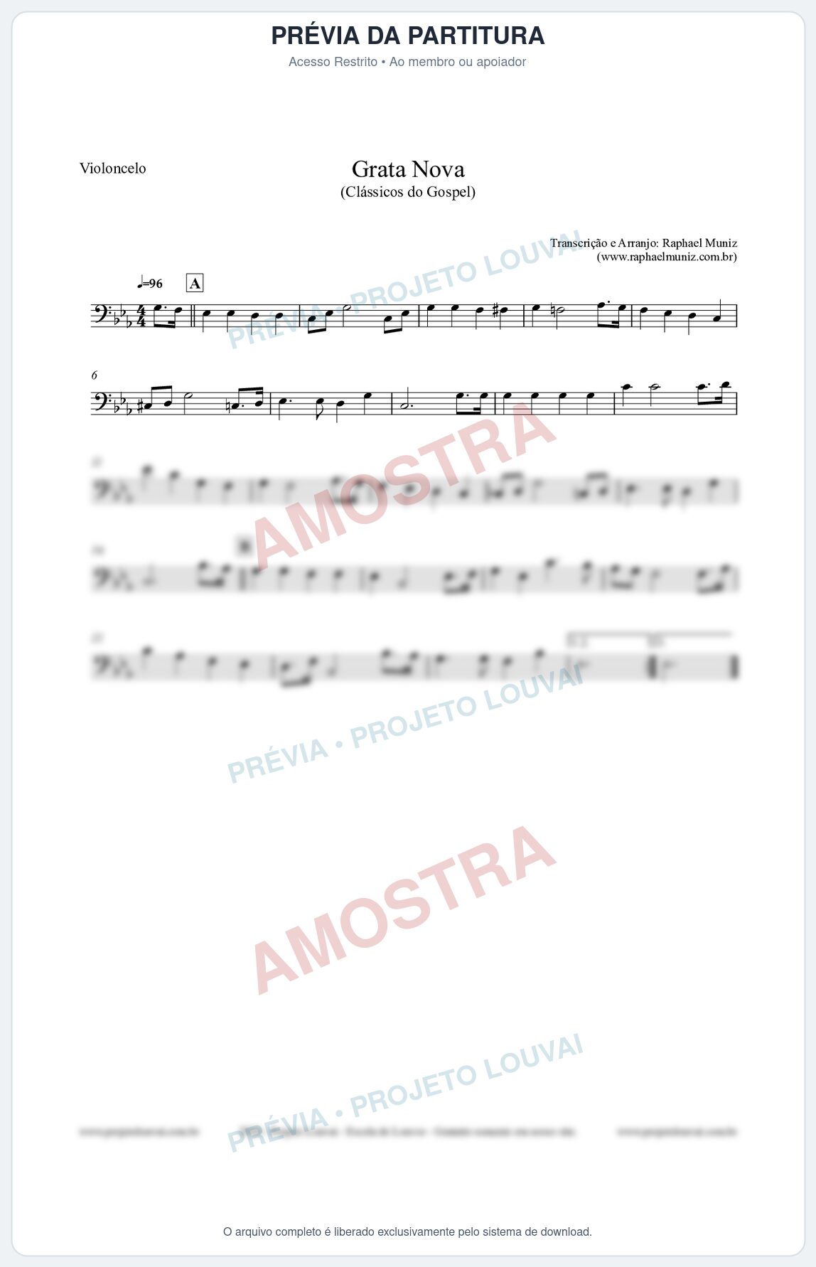 Prévia protegida da primeira página da partitura Partitura para Violoncelo - Grata Nova - Harpa Cristã 18 (Tom Cm) - Clássicos do Gospel