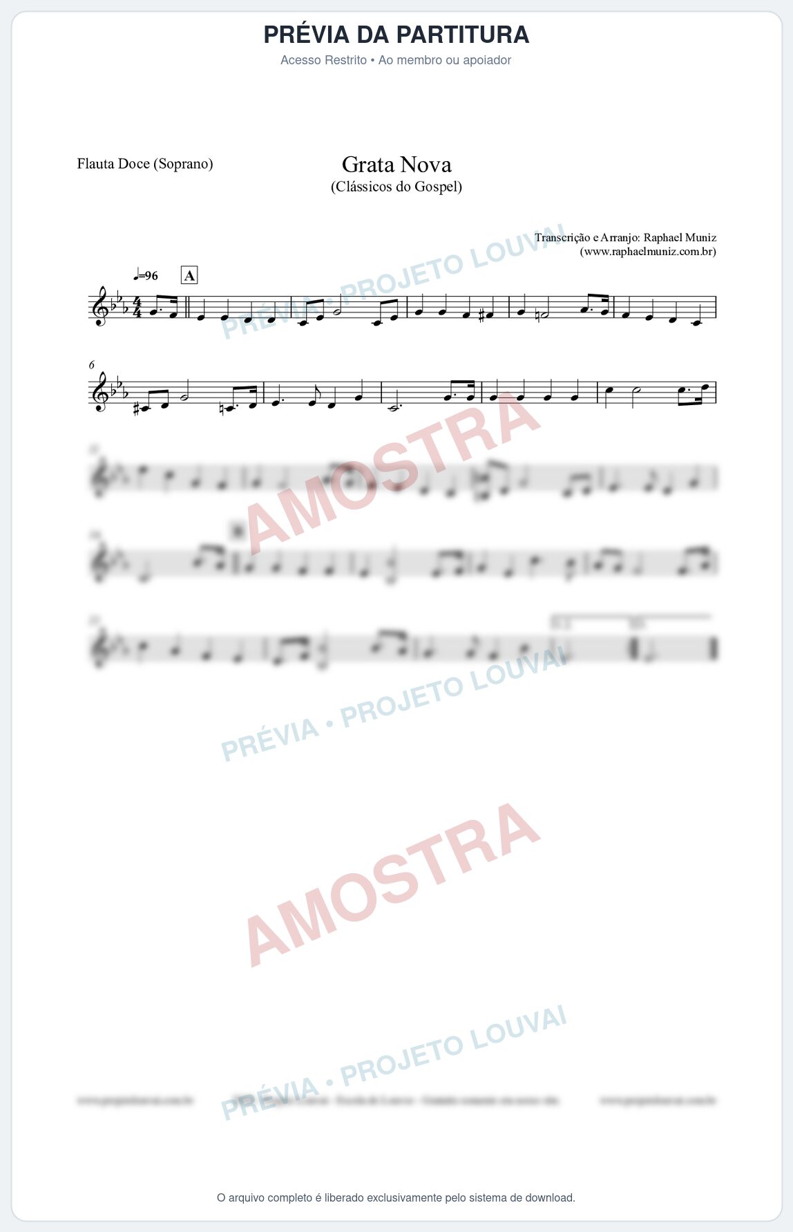 Prévia protegida da primeira página da partitura Partitura para Flauta Doce (Soprano) - Grata Nova - Harpa Cristã 18 (Tom Cm) - Clássicos do Gospel