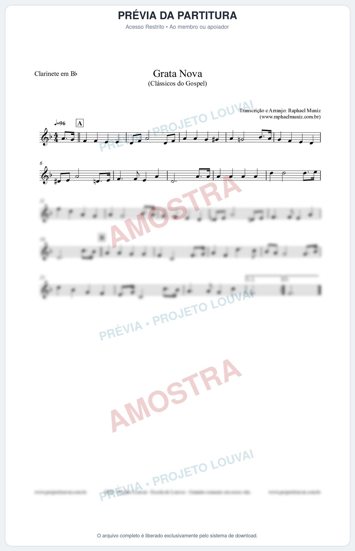 Prévia protegida da primeira página da partitura Partitura para Clarinete em Bb - Grata Nova - Harpa Cristã 18 (Tom Cm) - Clássicos do Gospel