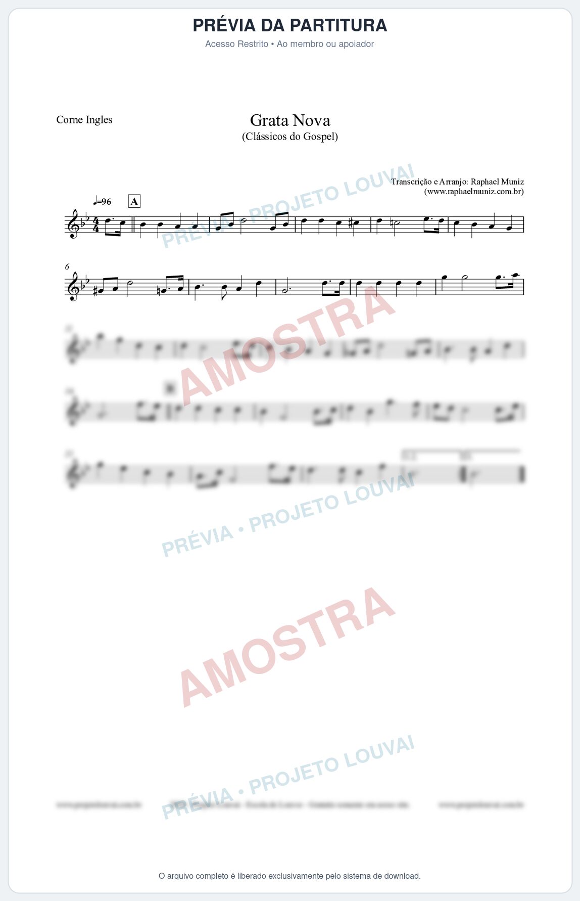 Prévia protegida da primeira página da partitura Partitura para Corne Inglês - Grata Nova - Harpa Cristã 18 (Tom Cm) - Clássicos do Gospel