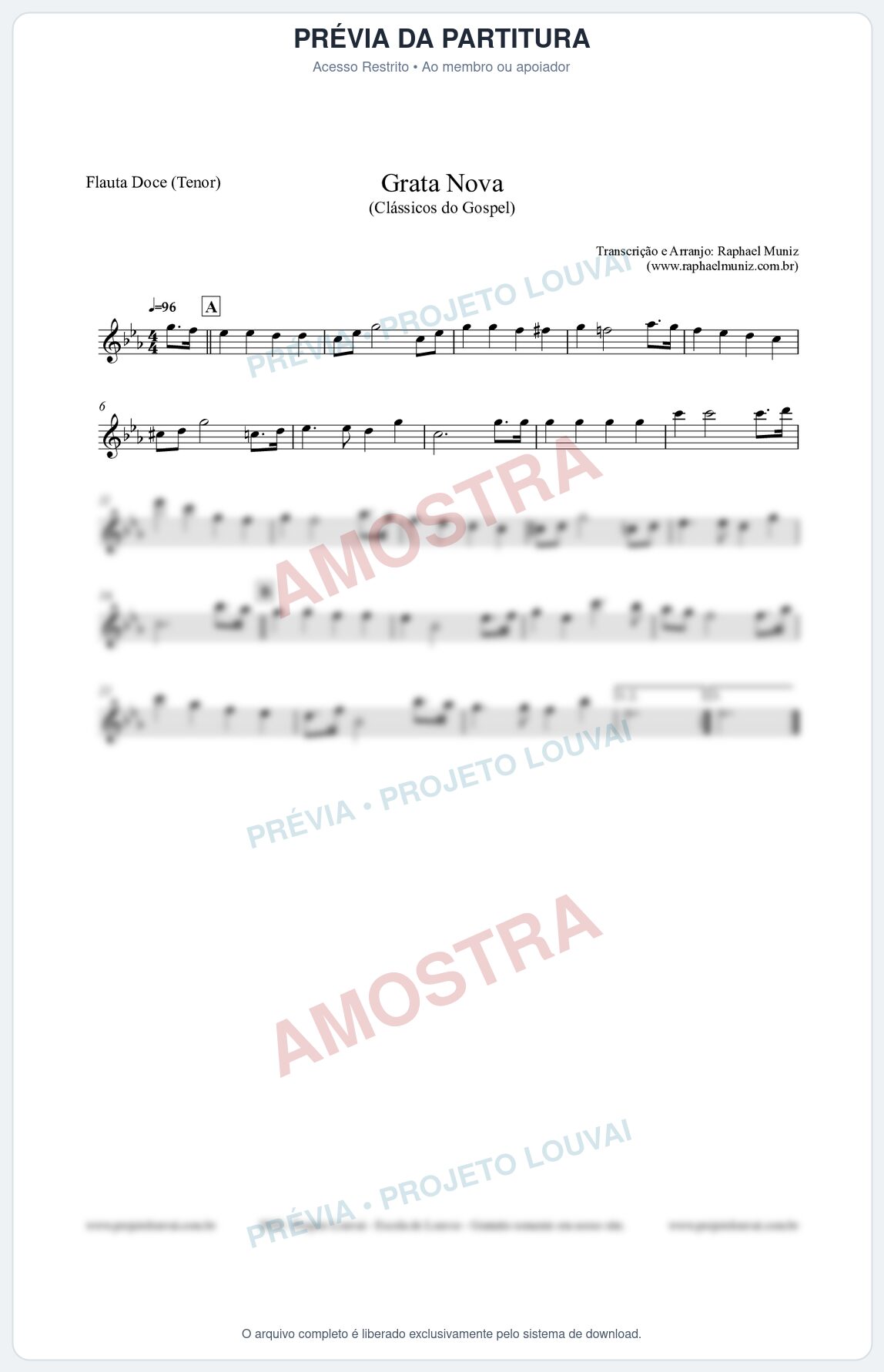 Prévia protegida da primeira página da partitura Partitura para Flauta Doce (Tenor) - Grata Nova - Harpa Cristã 18 (Tom Cm) - Clássicos do Gospel