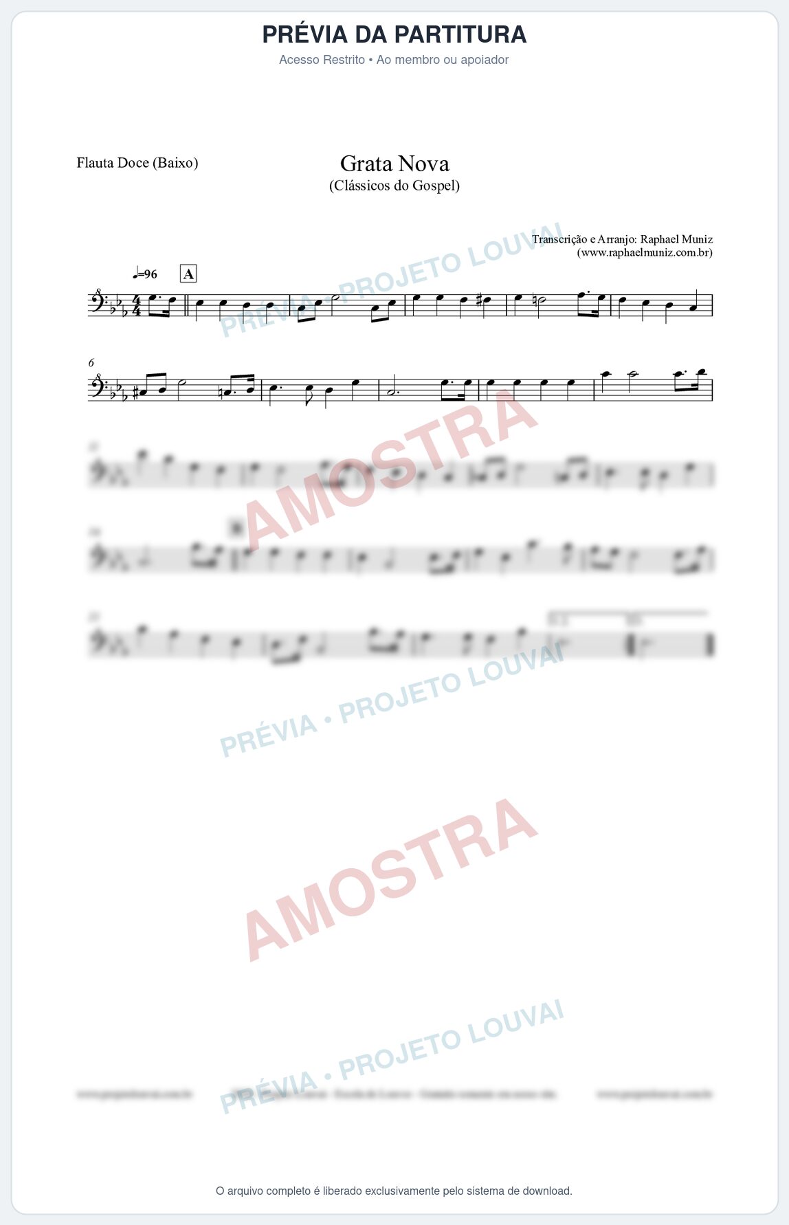 Prévia protegida da primeira página da partitura Partitura para Flauta Doce (Baixo) - Grata Nova - Harpa Cristã 18 (Tom Cm) - Clássicos do Gospel