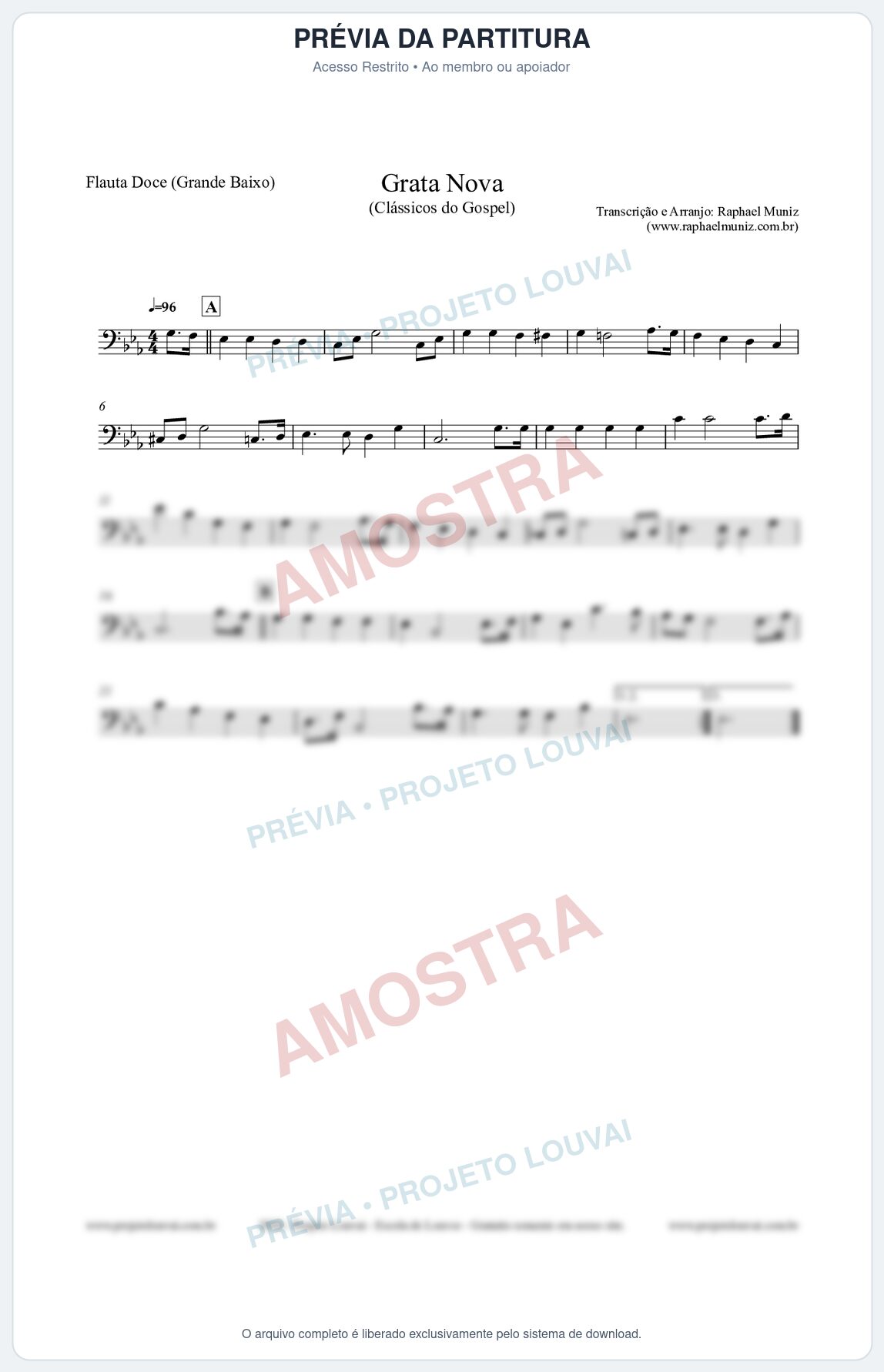 Prévia protegida da primeira página da partitura Partitura para Flauta Doce (Grande Baixo) - Grata Nova - Harpa Cristã 18 (Tom Cm) - Clássicos do Gospel