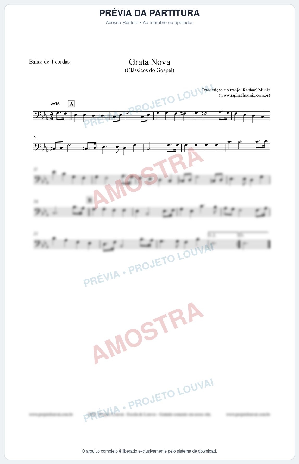 Prévia protegida da primeira página da partitura Partitura para Baixo de 4 cordas - Grata Nova - Harpa Cristã 18 (Tom Cm) - Clássicos do Gospel