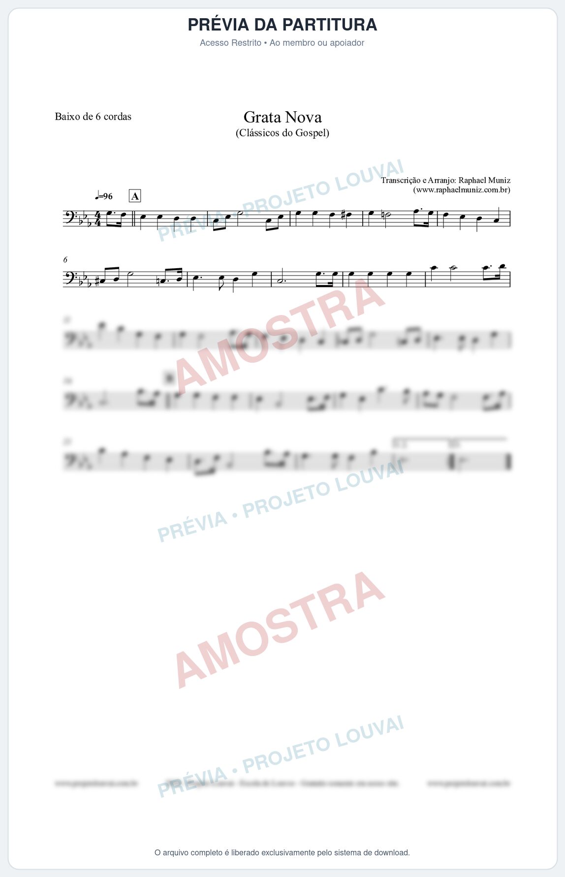 Prévia protegida da primeira página da partitura Partitura para Baixo de 6 cordas - Grata Nova - Harpa Cristã 18 (Tom Cm) - Clássicos do Gospel