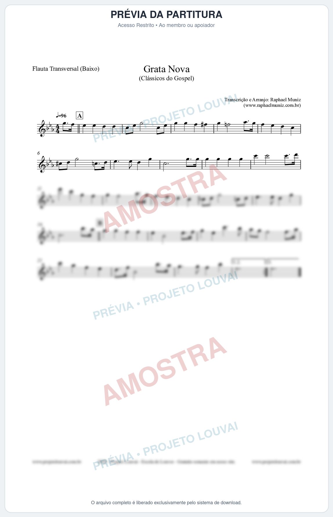 Prévia protegida da primeira página da partitura Partitura para Flauta Transversal (Baixo) - Grata Nova - Harpa Cristã 18 (Tom Cm) - Clássicos do Gospel