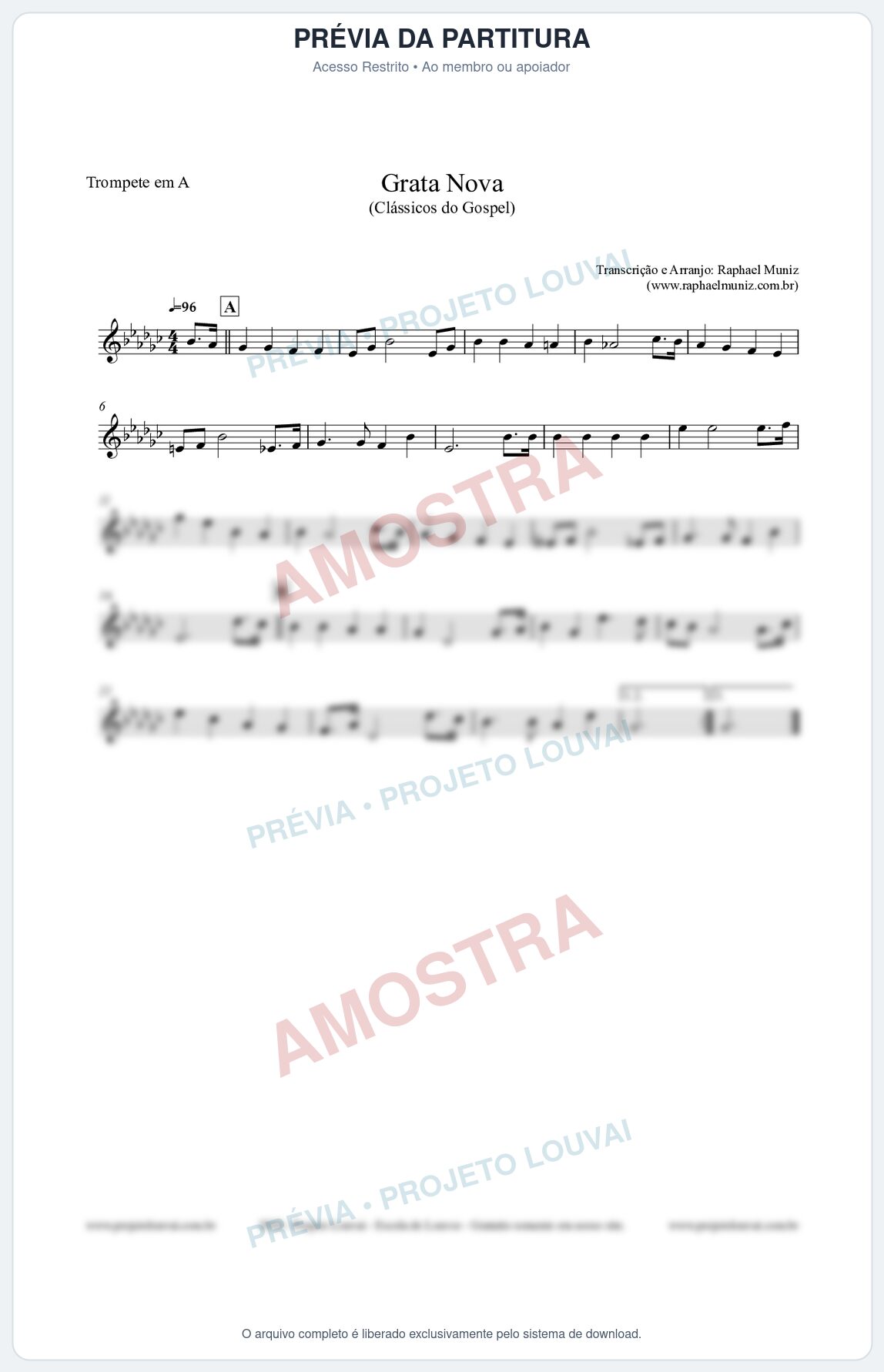 Prévia protegida da primeira página da partitura Partitura para Trompete em A - Grata Nova - Harpa Cristã 18 (Tom Cm) - Clássicos do Gospel