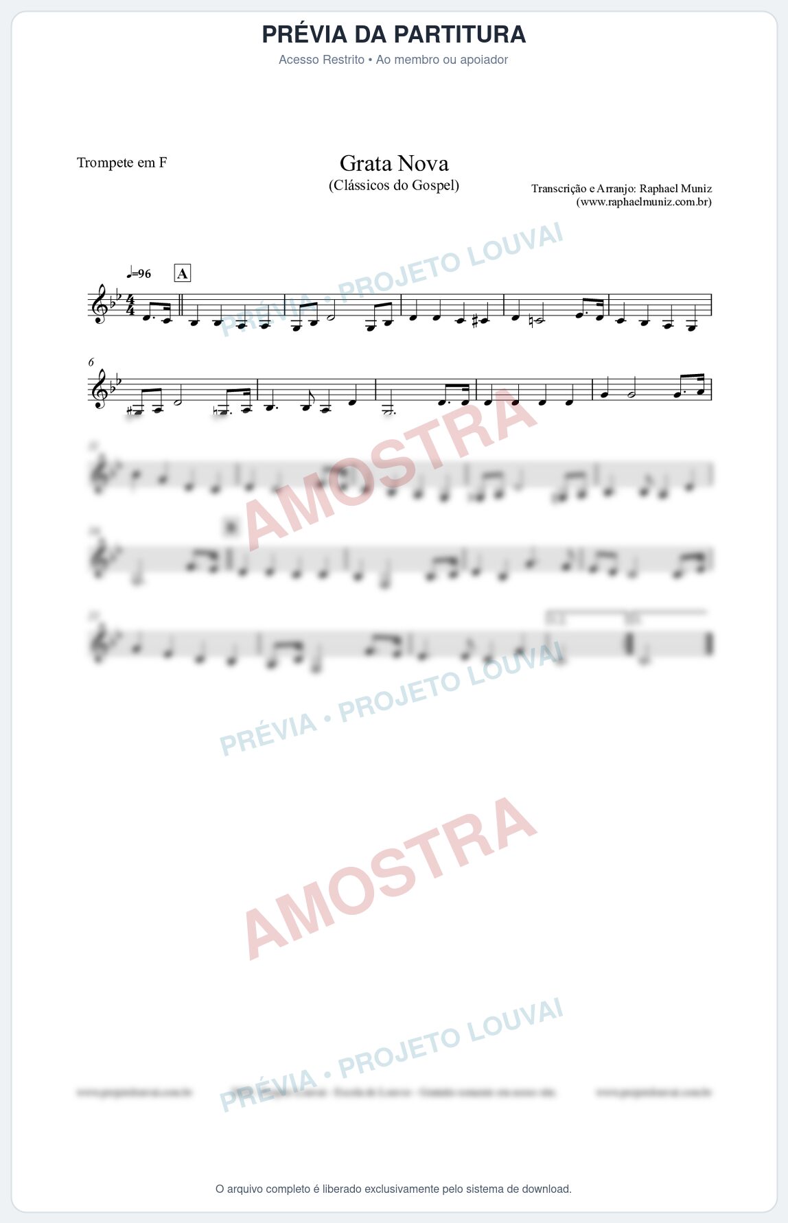 Prévia protegida da primeira página da partitura Partitura para Trompete em F - Grata Nova - Harpa Cristã 18 (Tom Cm) - Clássicos do Gospel