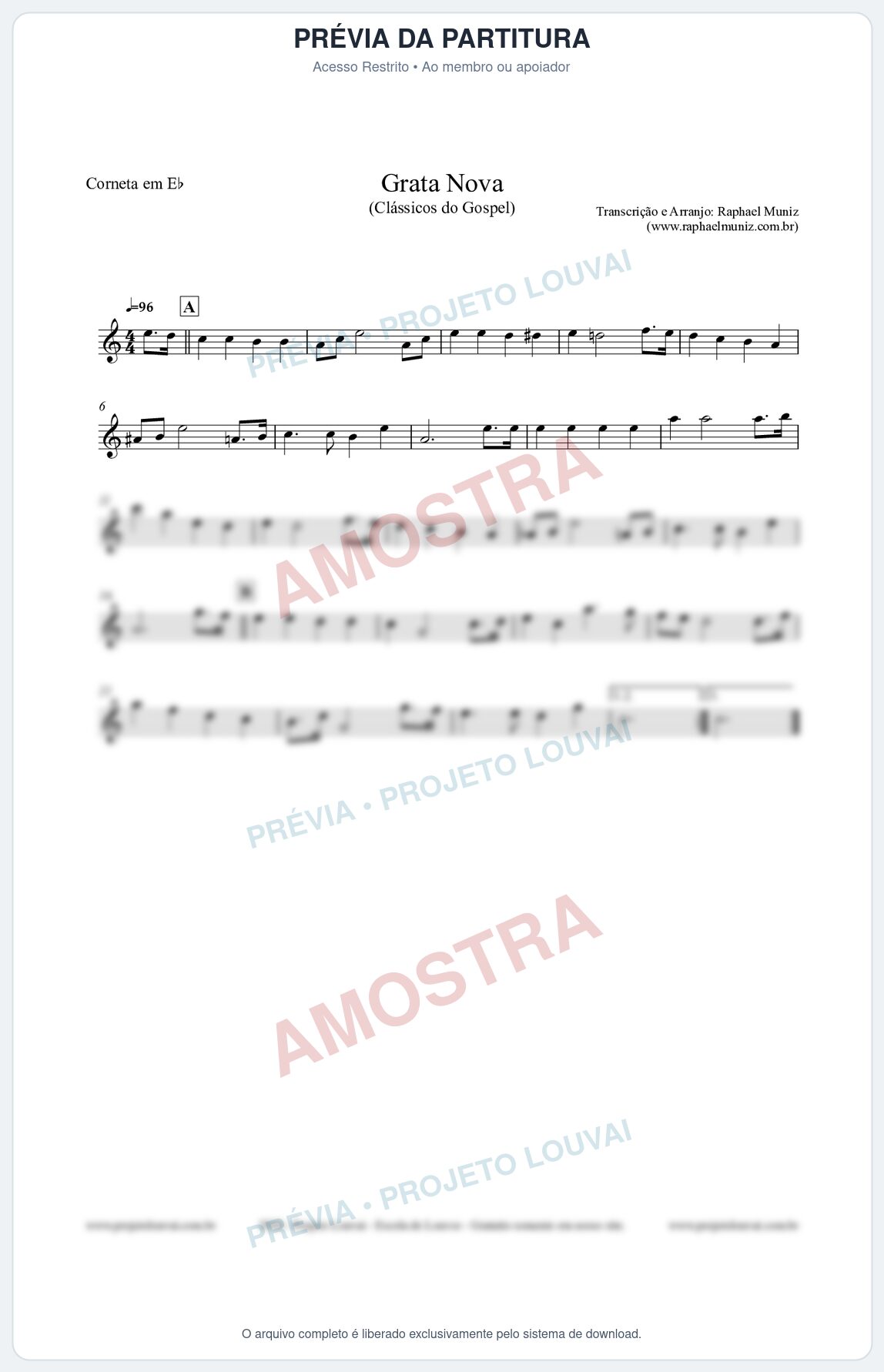 Prévia protegida da primeira página da partitura Partitura para Corneta em Eb - Grata Nova - Harpa Cristã 18 (Tom Cm) - Clássicos do Gospel