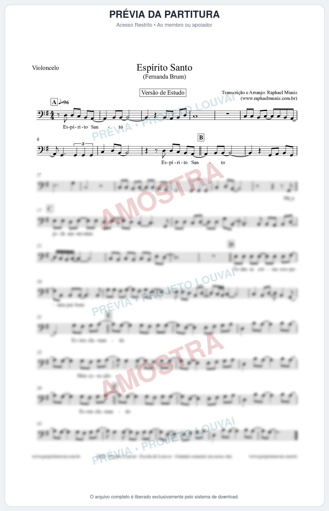 Prévia protegida da primeira página da partitura Partitura para Violoncelo - Espírito Santo (Versão de Estudo) - Fernanda Brum