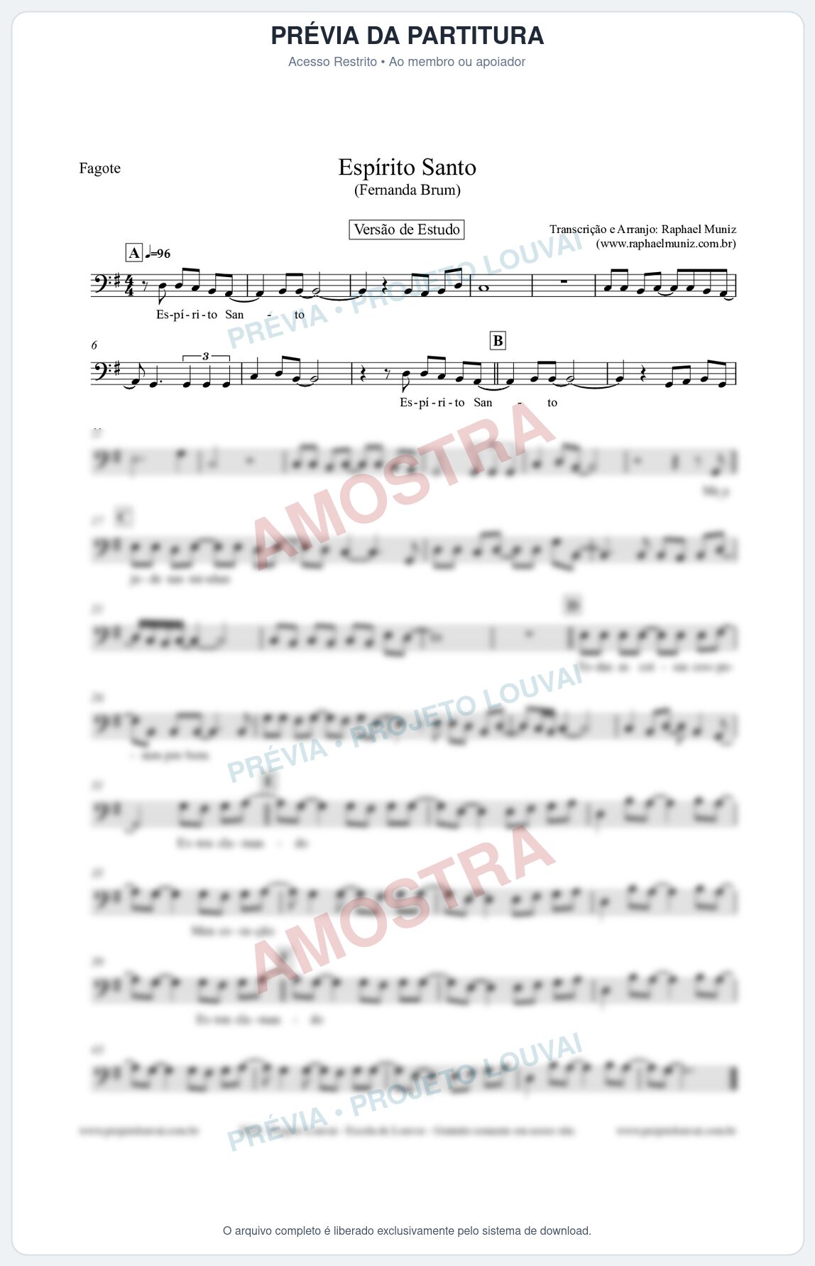 Prévia protegida da primeira página da partitura Partitura para Fagote - Espírito Santo (Versão de Estudo) - Fernanda Brum