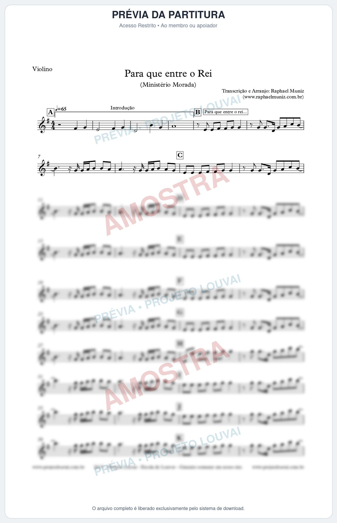 Prévia protegida da primeira página da partitura Partitura para Violino - Para que entre o Rei - Morada