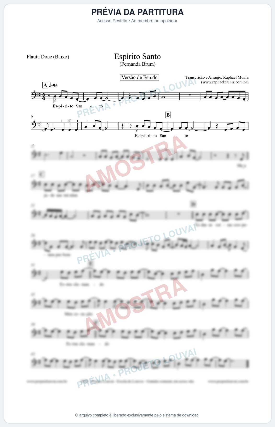 Prévia protegida da primeira página da partitura Partitura para Flauta Doce (Baixo) - Espírito Santo (Versão de Estudo) - Fernanda Brum