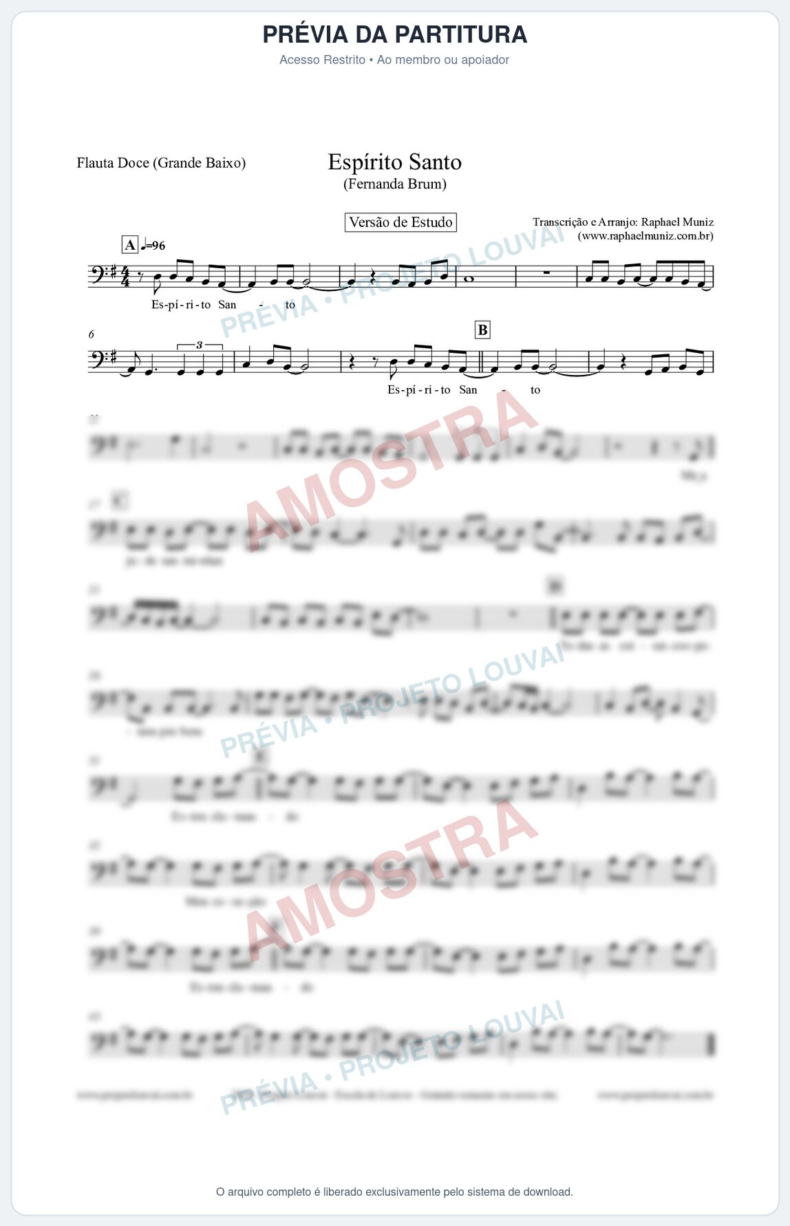 Prévia protegida da primeira página da partitura Partitura para Flauta Doce (Grande Baixo) - Espírito Santo (Versão de Estudo) - Fernanda Brum