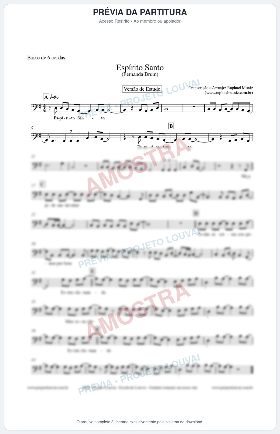 Prévia protegida da primeira página da partitura Partitura para Baixo de 6 cordas - Espírito Santo (Versão de Estudo) - Fernanda Brum