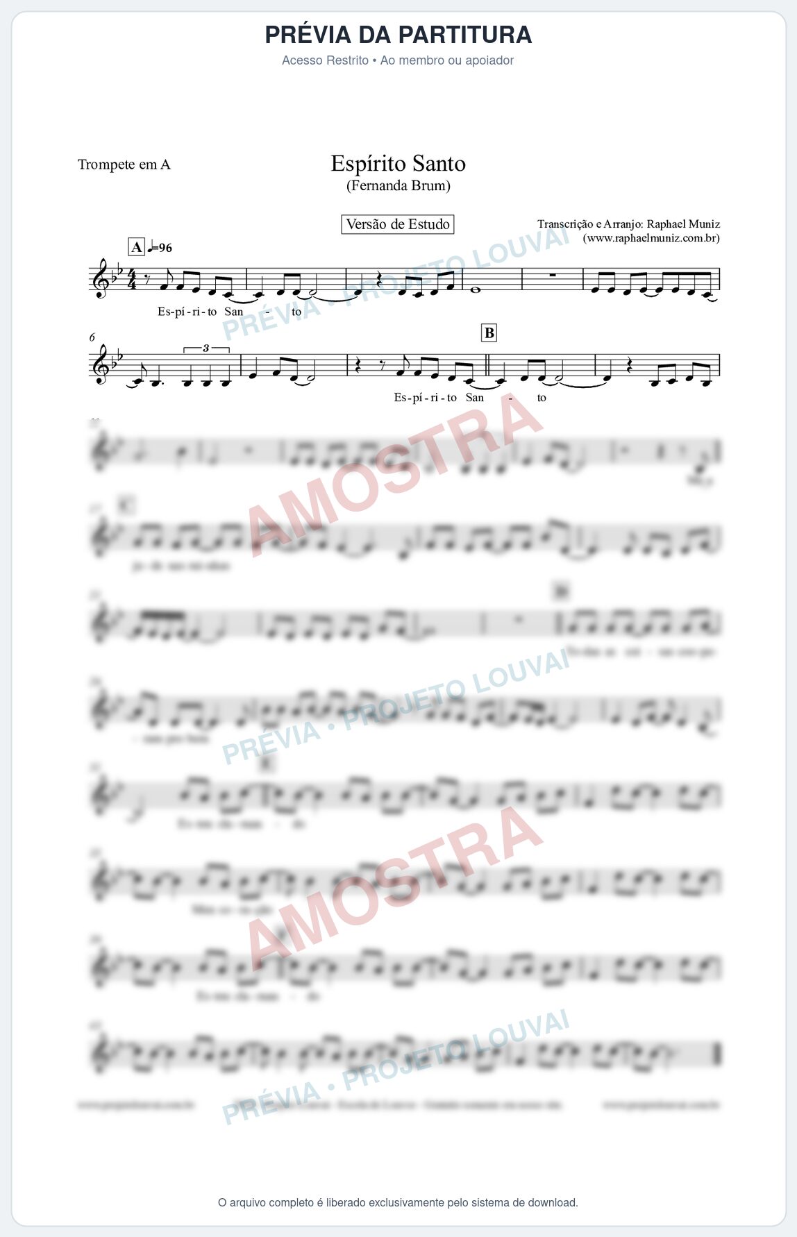 Prévia protegida da primeira página da partitura Partitura para Trompete em A - Espírito Santo (Versão de Estudo) - Fernanda Brum