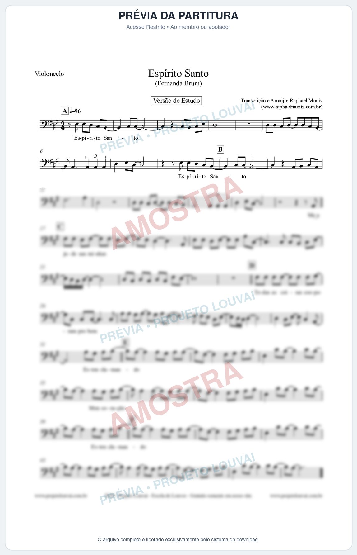 Prévia protegida da primeira página da partitura Partitura para Violoncelo - Espírito Santo (Versão de Estudo) - Fernanda Brum