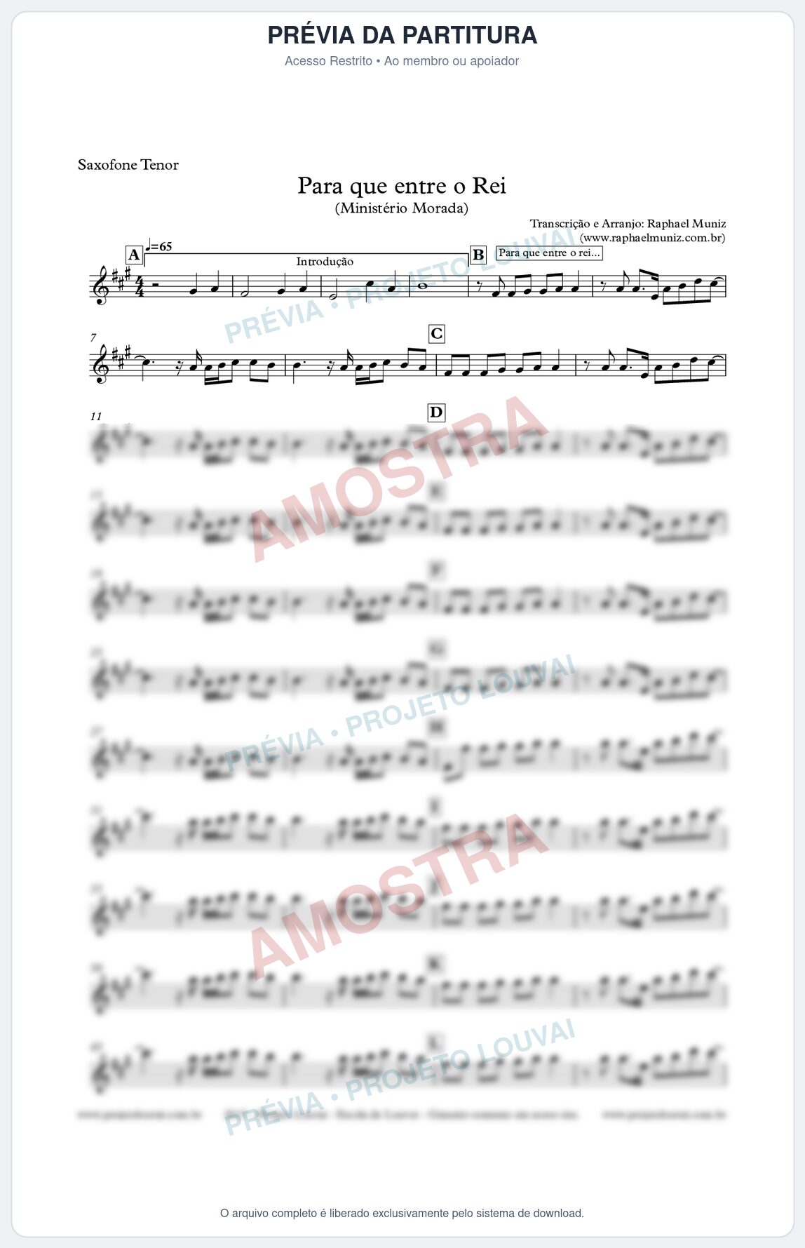 Prévia protegida da primeira página da partitura Partitura para Sax Tenor - Para que entre o Rei - Morada