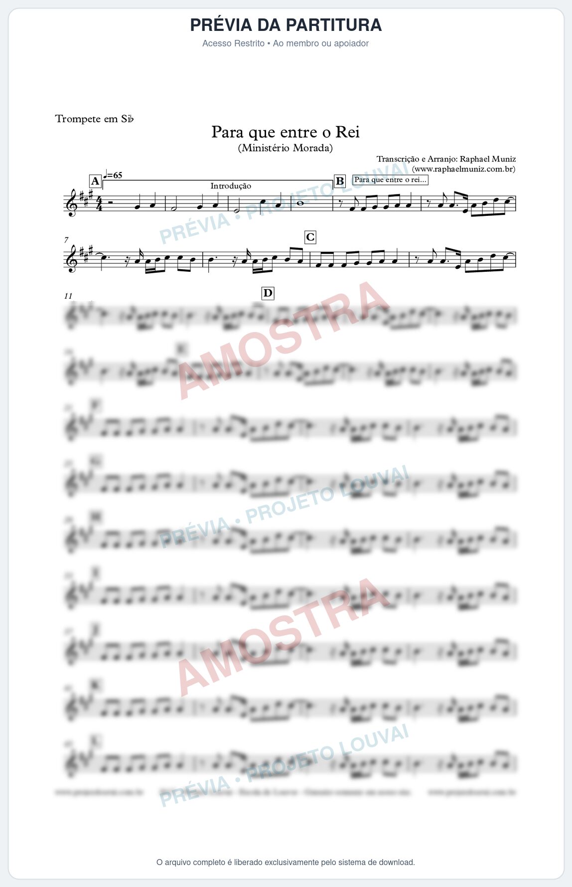 Prévia protegida da primeira página da partitura Partitura para Trompete - Para que entre o Rei - Ministério Morada