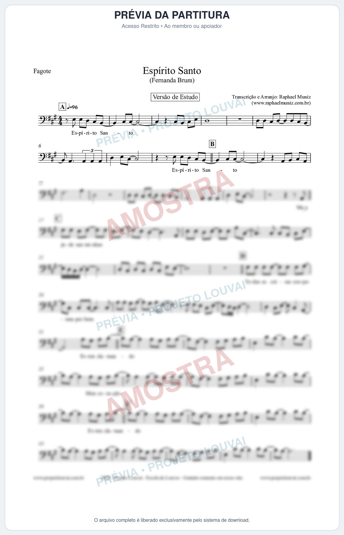 Prévia protegida da primeira página da partitura Partitura para Fagote - Espírito Santo (Versão de Estudo) - Fernanda Brum