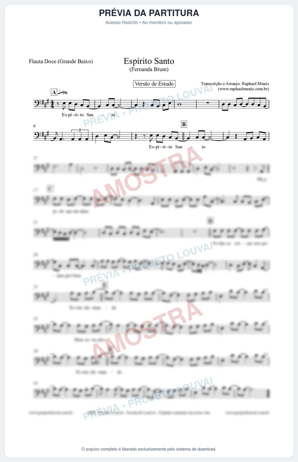 Prévia protegida da primeira página da partitura Partitura para Flauta Doce (Grande Baixo) - Espírito Santo (Versão de Estudo) - Fernanda Brum
