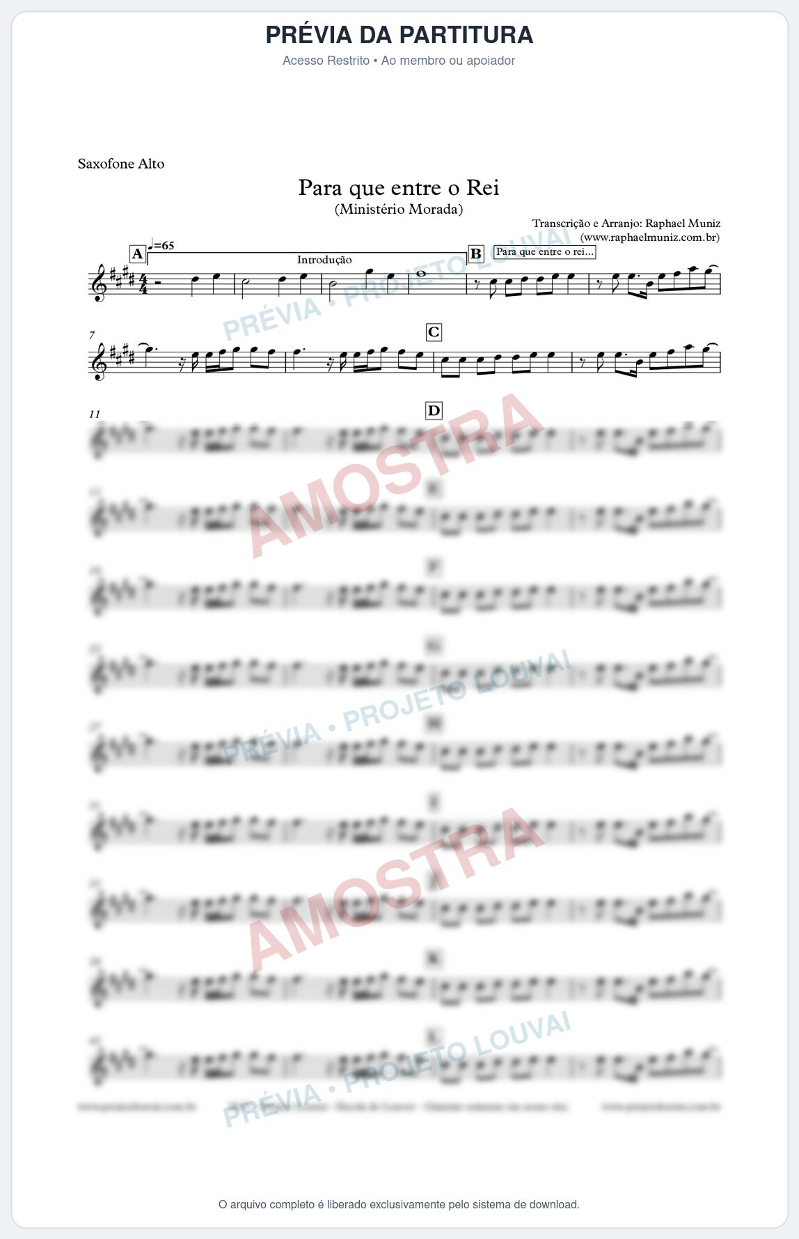 Prévia protegida da primeira página da partitura Partitura para Sax Alto - Para que entre o Rei - Ministério Morada