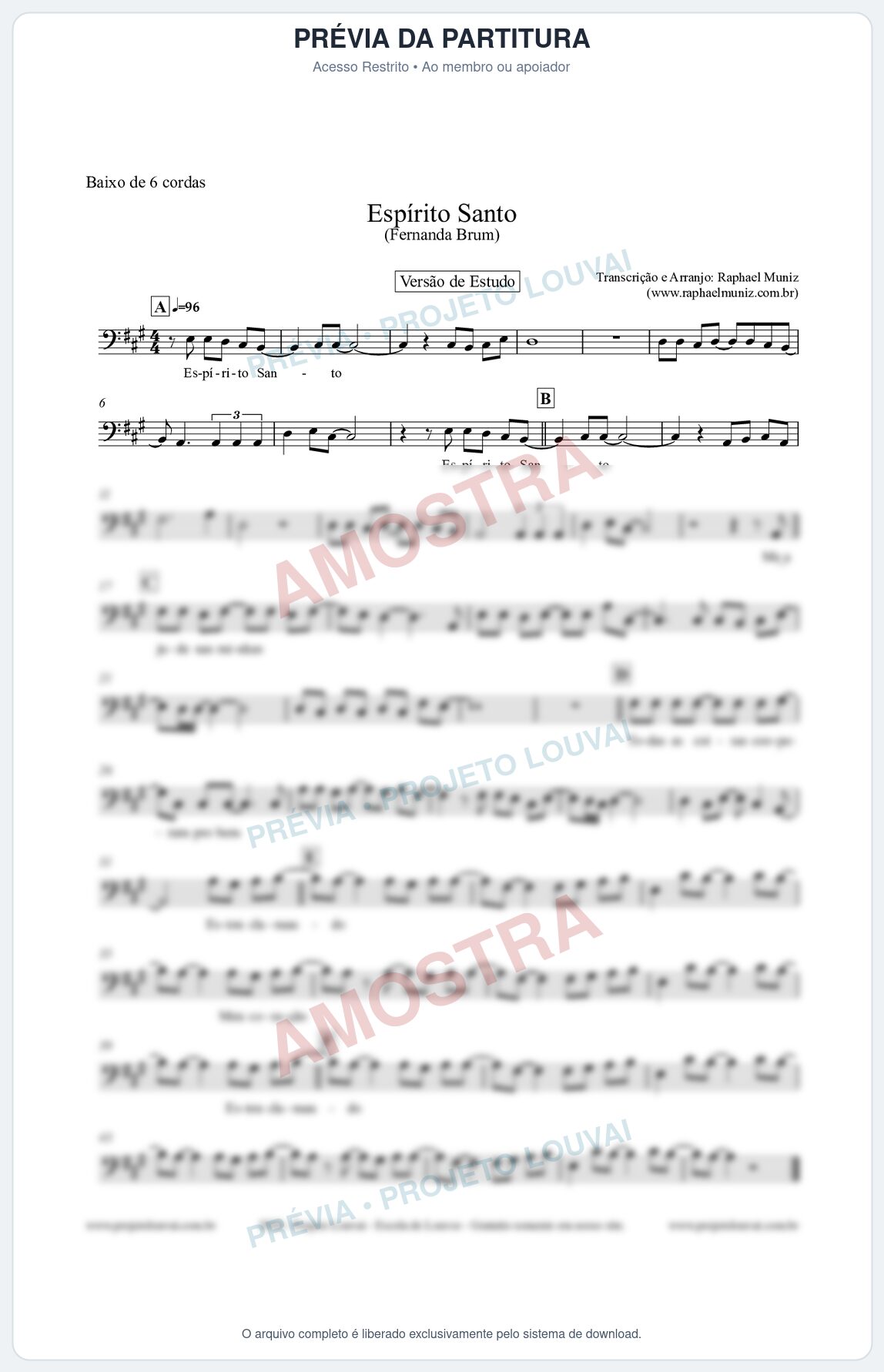 Prévia protegida da primeira página da partitura Partitura para Baixo de 6 cordas - Espírito Santo (Versão de Estudo) - Fernanda Brum