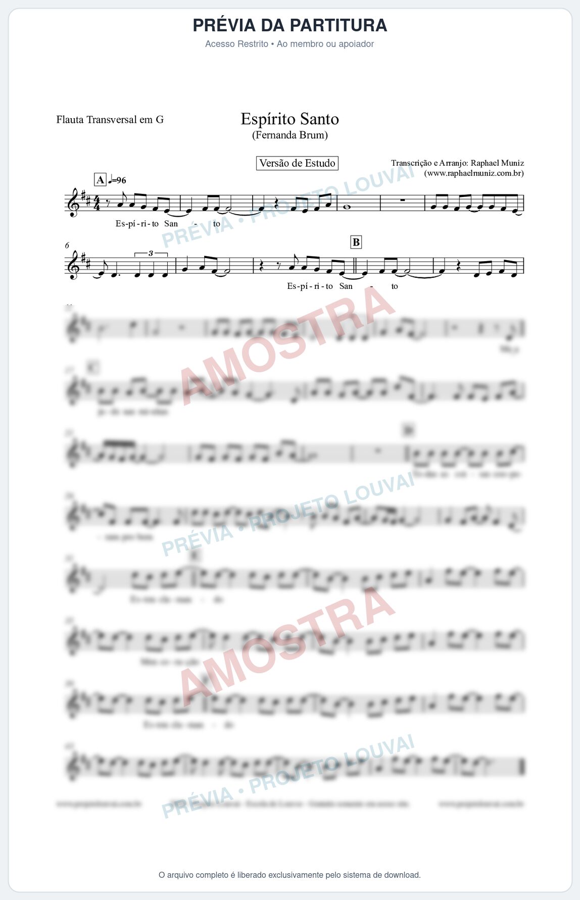 Prévia protegida da primeira página da partitura Partitura para Flauta Transversal em G - Espírito Santo (Versão de Estudo) - Fernanda Brum