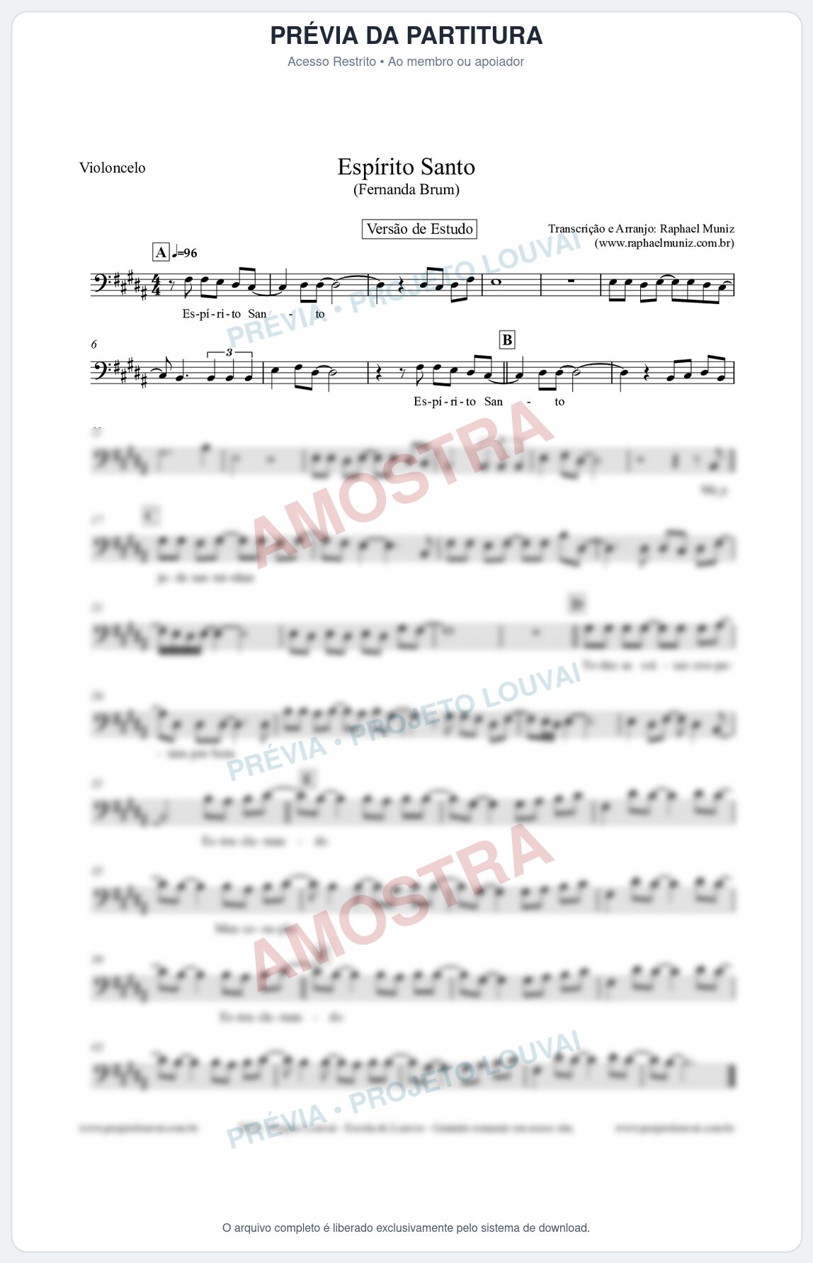 Prévia protegida da primeira página da partitura Partitura para Violoncelo - Espírito Santo (Versão de Estudo) - Fernanda Brum